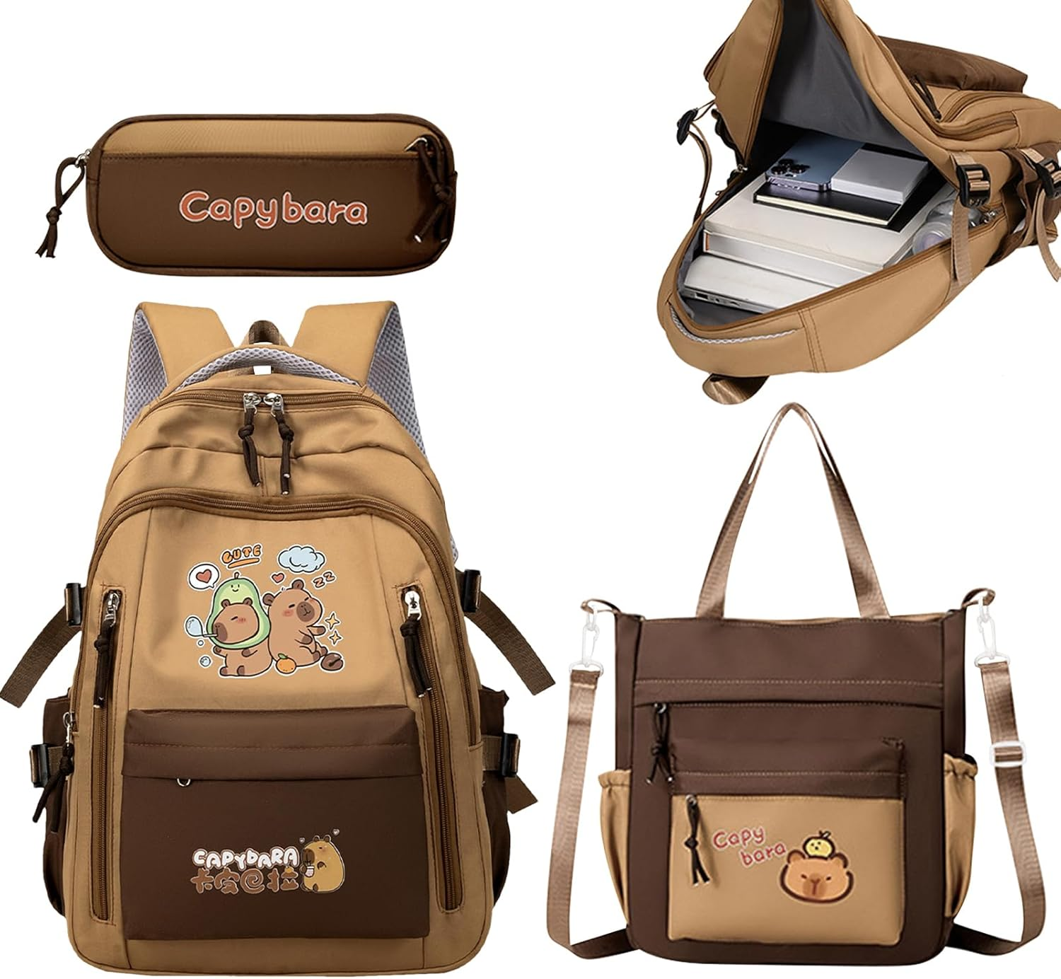 Capybara School Backpack | Girl Bookbag with Pencil Case and Tote Bag,Storage Cute Aesthetic Laptop Bookbag for Students Kids Daily Travel School