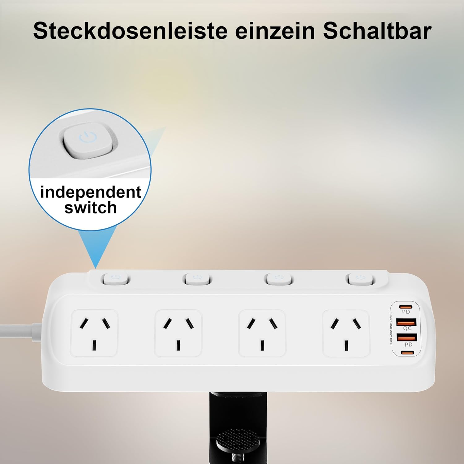 HITRENDS PD 20W Desk Clamp Power Board, Fast Charging Station, 4 AC Outlets and 4USB Ports(2Usb C), Desktop Mounted Power Strip 900J Surge Protected, 2M Extension Cord for Office, Home, White image number 4