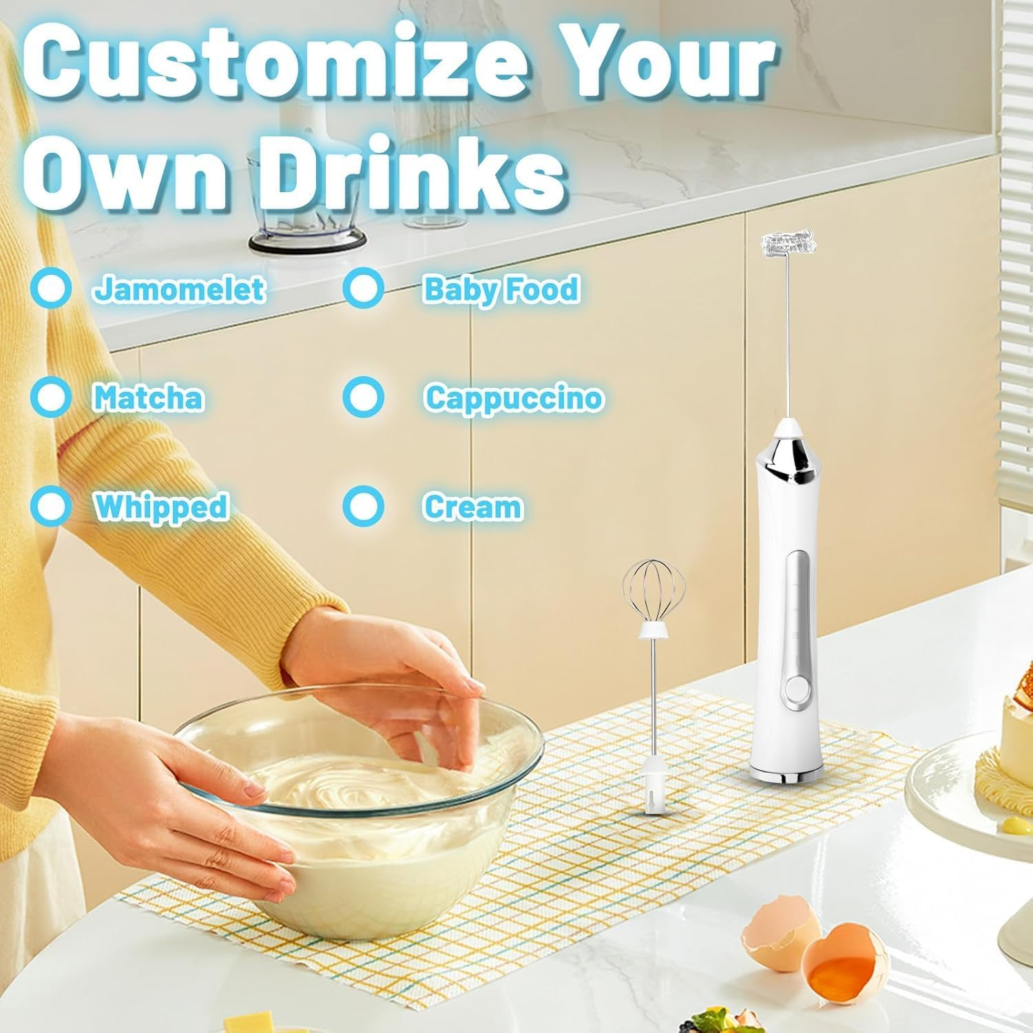 Rechargeable Milk Frother Handheld Foam Maker with 2 Stainless Whisk for Coffee, Cappuccino, Latte, Keto Diet, Protein Powder, Matcha, and Protein Shakes, Black (White) image number 4