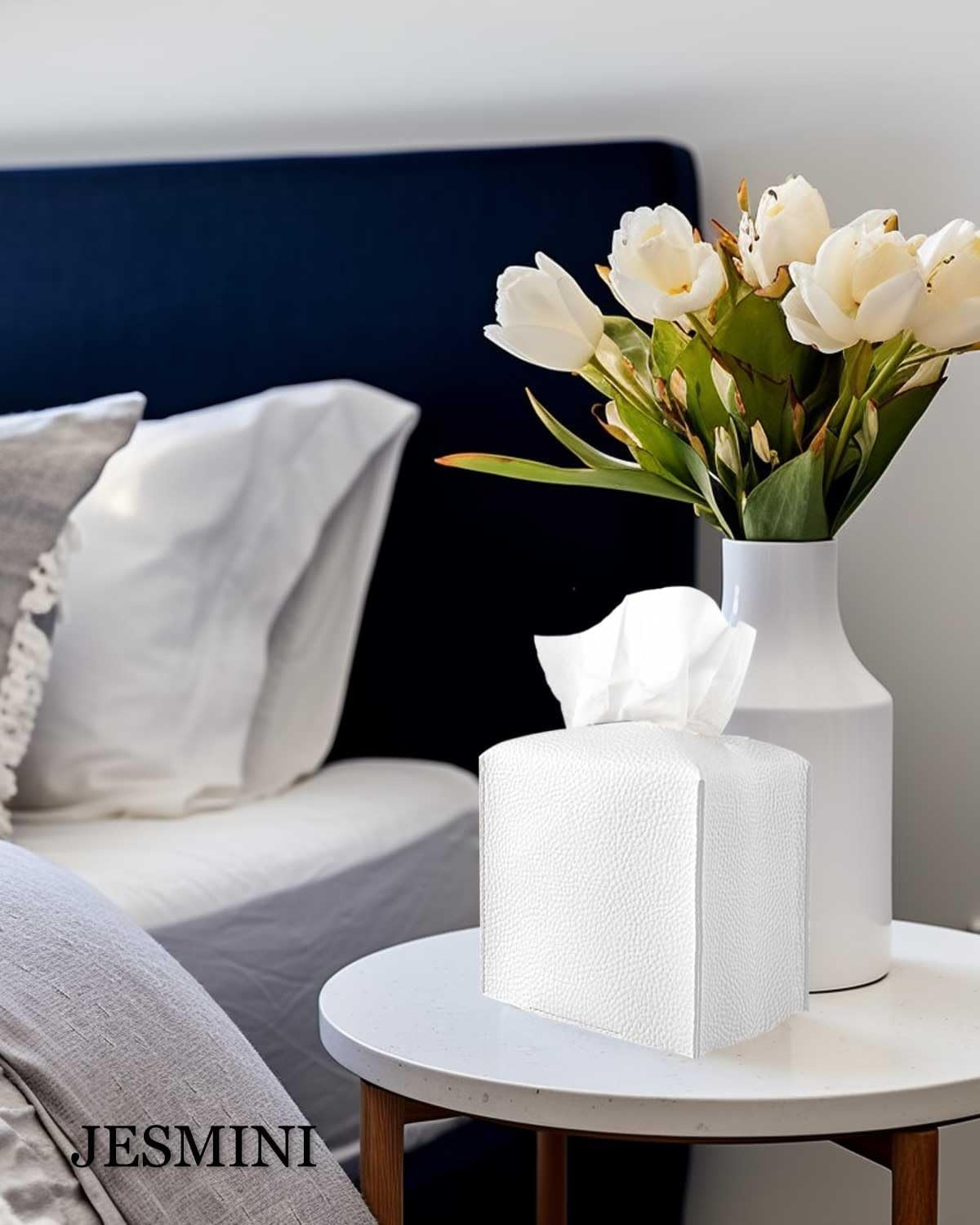 Tissue Holder White Tissue Box Cover &ndash; Square Leather Tissue Cover Box with Bottom Belt by Decorative Tissue Box Holder for Modern Home Office Decor image number 4