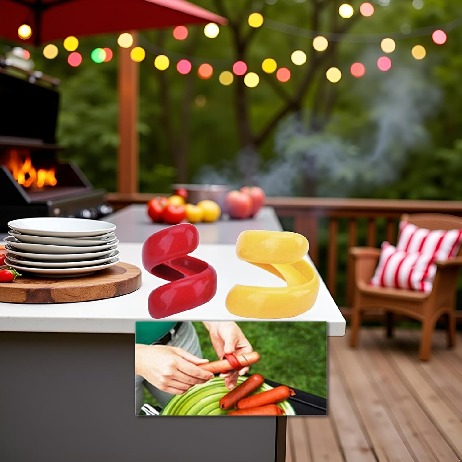 Red and Yellow Manual Fancy Sausage Cutter Barbecue Hot Dogs Gadget Cutting Kitchen Vegetable Cutter Tools Auxiliary Slicer Fruit Practical and Deft Utensils and Gadgets Kitchen and Dining image number 2