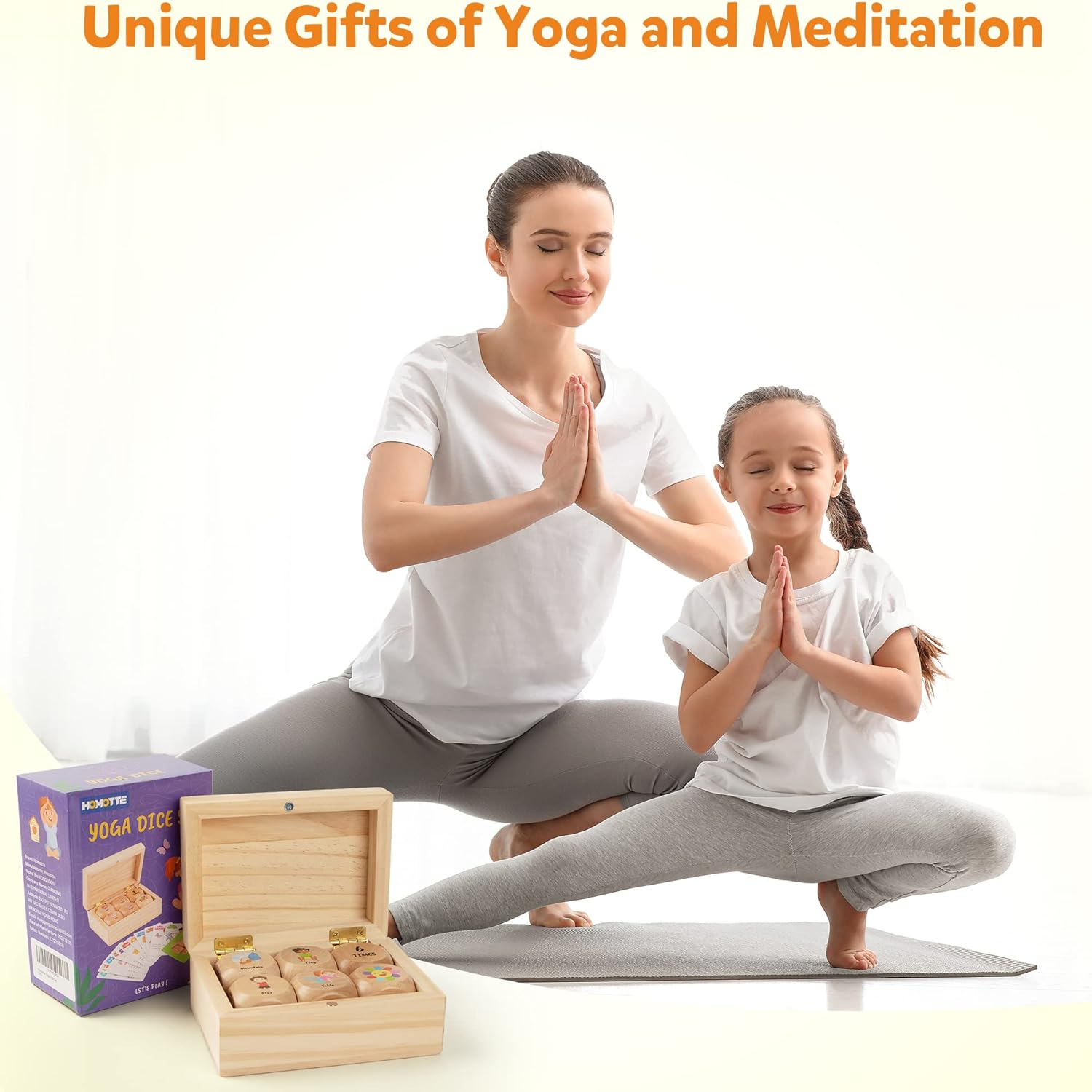 Homotte Wooden Kids' Exercise Dice Set - 6 Dice, 12 Yoga Cards & Gift Box - Fun Workout Game for Girls & Beginners image number 4