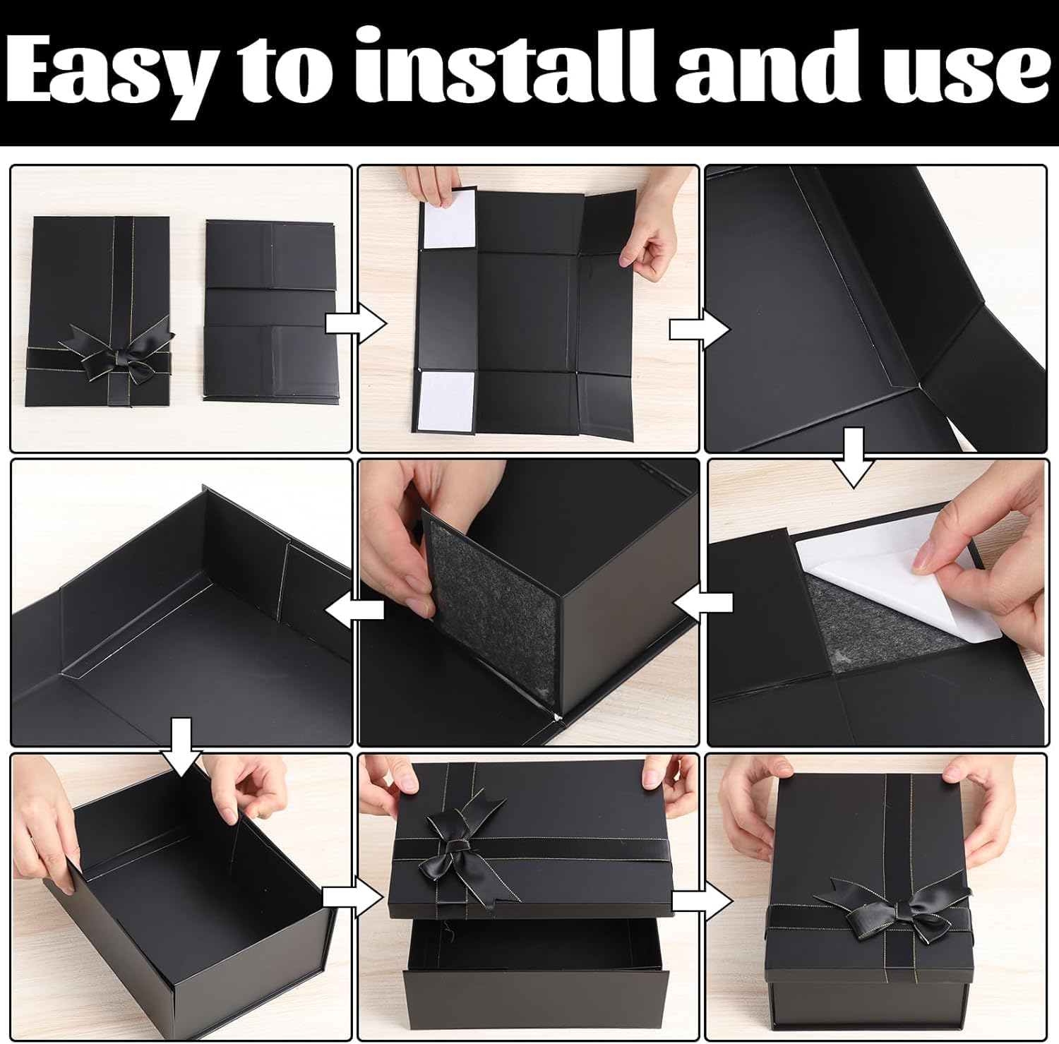 PQCLXUYA Black Gift Boxes,8.6" X 6.3" X 3.3" Gift Boxes with Lids,Luxury Gift Boxes,With Ribbon Bow, Gift Bags,Card and Shredded Paper Filler Family, Friends, Children or Clients (Black) - Black image number 6