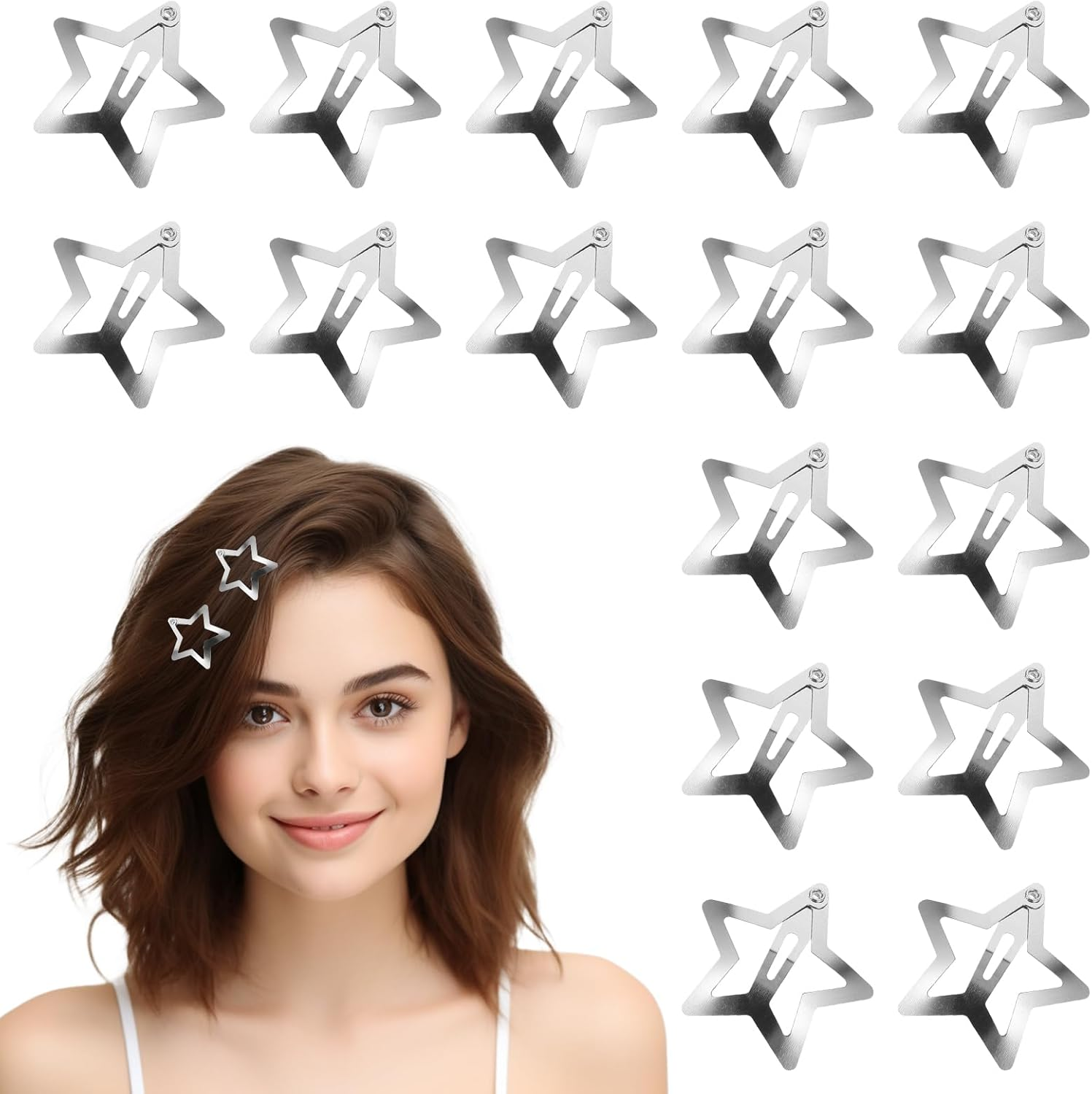 Funalix Pack of 20 Metal Star Hair Clips, Y2K Hair Accessories with Cute Pentagram Hair Clips and Hollowed Star Hairpin, Hair Clips for Women and Girls (Silver) image number 3
