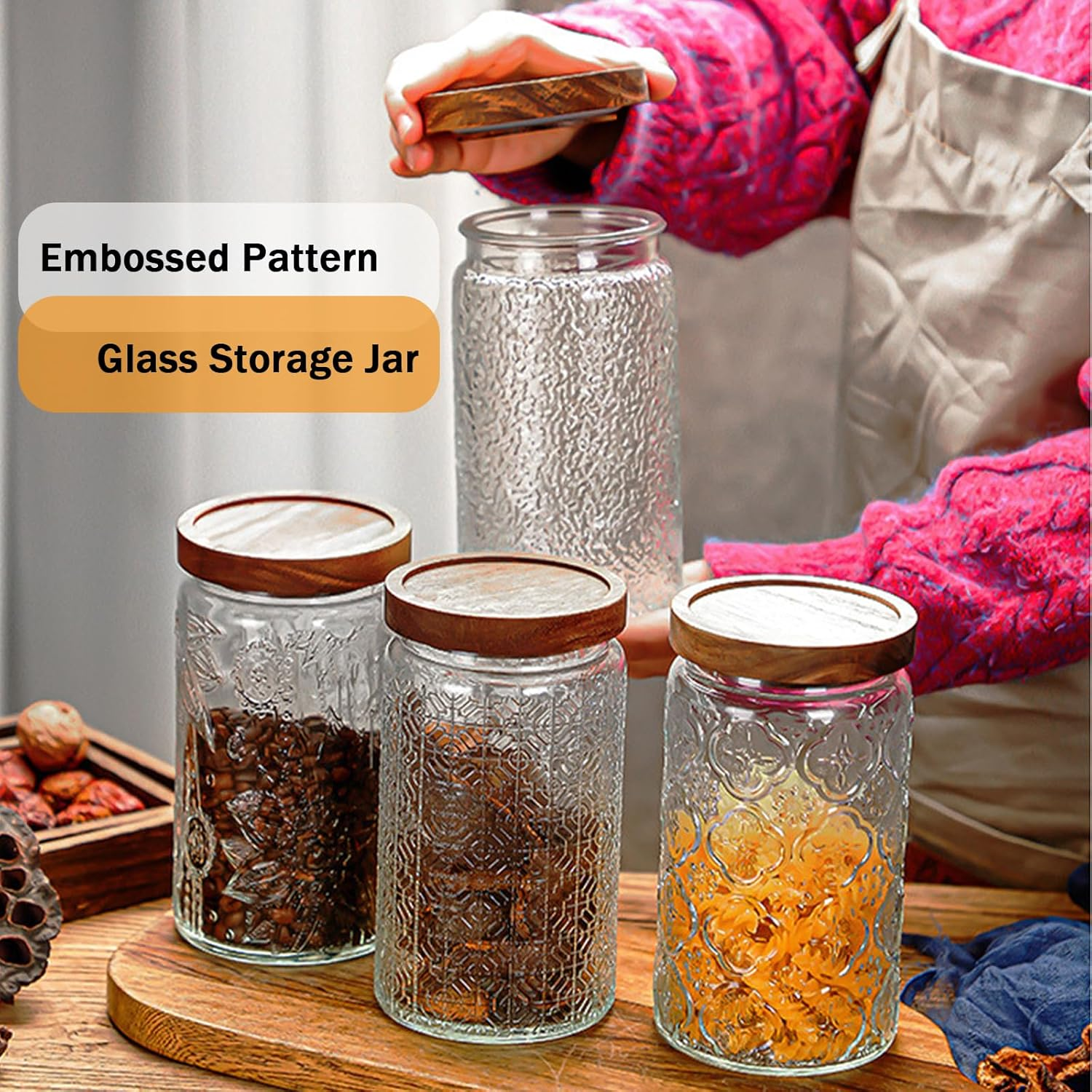 Vintage Glass Jar，34Oz/2Pcs Glass Storage Jar with Airtight Bamboo Wooden Lids，Glass Food Storage Containers for Kitchen Counter Pantry Coffee Beans Tea Oats Candy Jar (Stone Pattern+Flower) - Stone Pattern+Flower image number 4