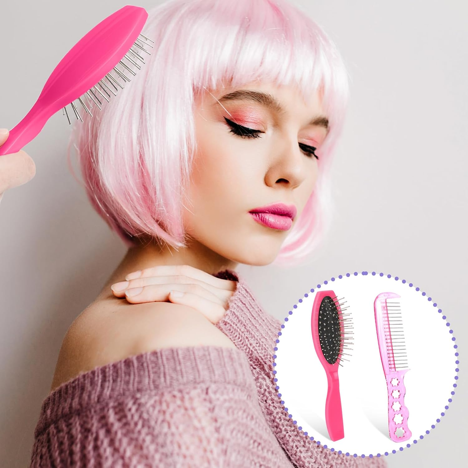 2 PCS Pink Wig Hair Brush Set, Doll Wig Brushes for Synthetic Hair Wigs Stainless Steel Metal Wire Detangling Brush Portable Wig Hair Brush Wigs Extension Brushes for 18 Inch Dolls and Other Hair Care image number 4