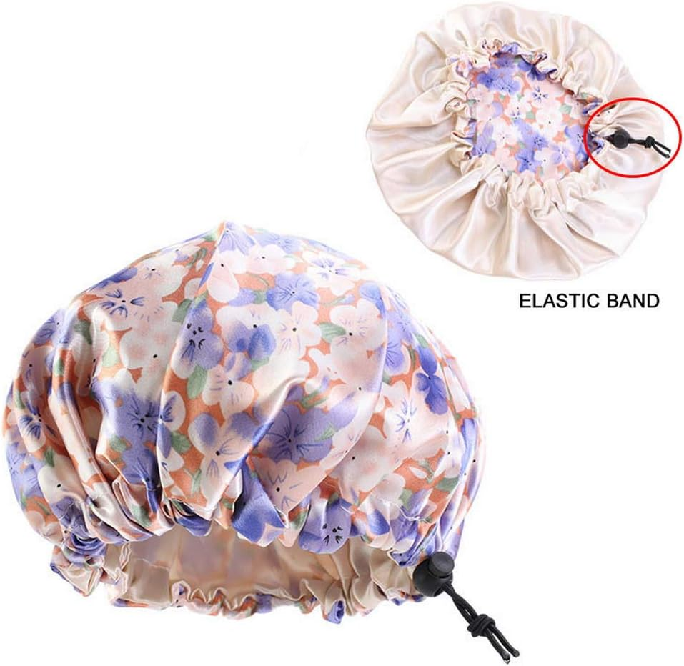 COMVIP Children Adjustable Bathing Cap Elastic Flower Satin Bonnet A: Royal Blue image number 4