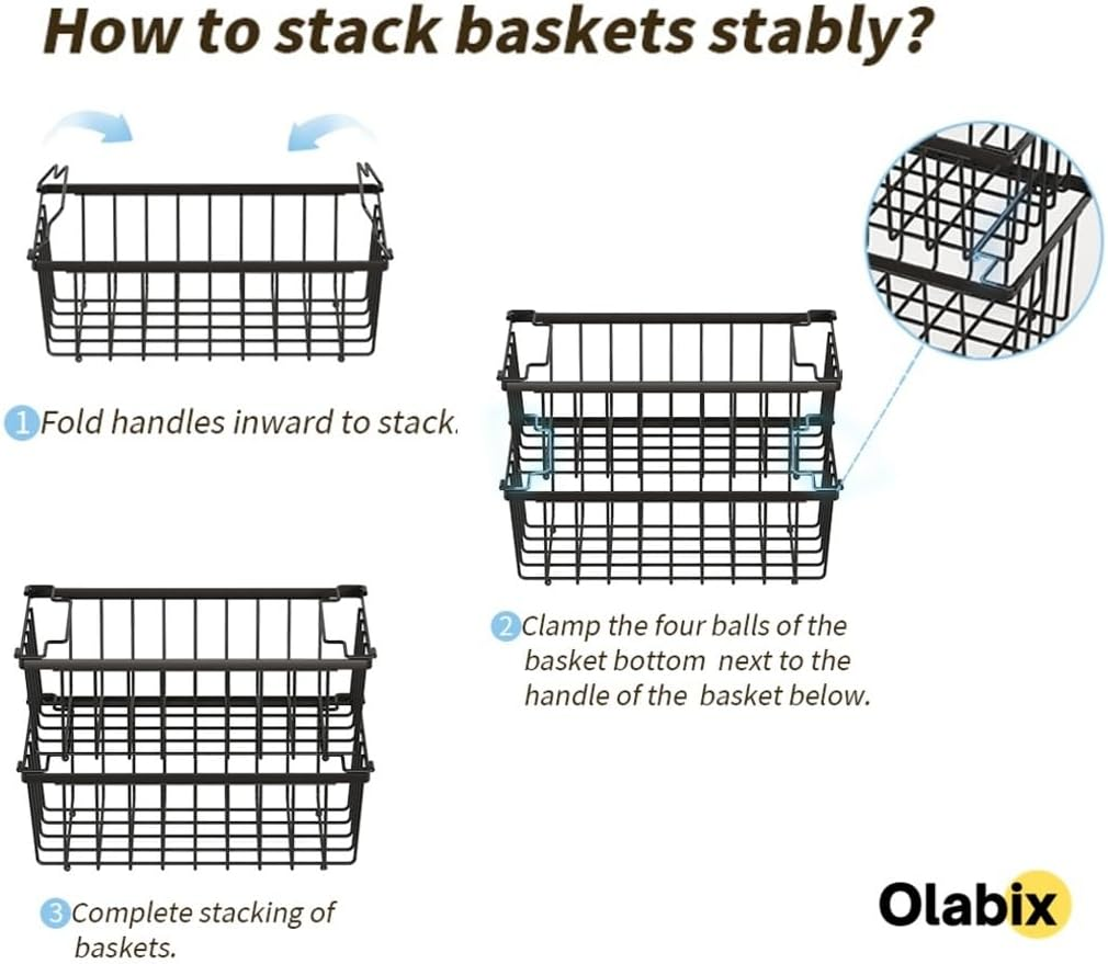 OLABIX Freezer Organiser Bins with Side Handles (37X18X13Cm), Stackable Chest Metal Wire Storage Basket Deep Freezer Organizer Sort Frozen Meats, Vegetables, Foods for Kitchen & Pantry (4-Pack)