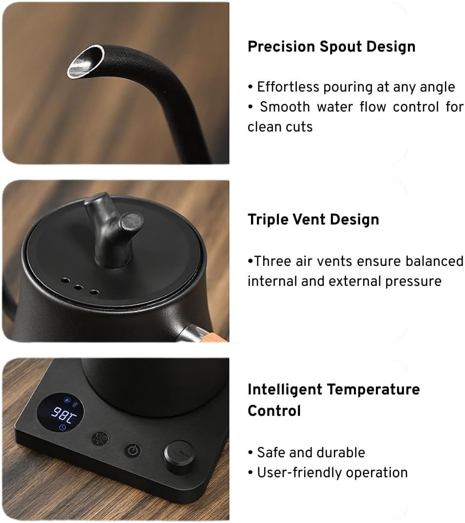 Electric Gooseneck Smart Kettle 1L - Stainless Steel Water Boiler with LED Temperature Display & Custom Heat Settings, Auto Safety Shutoff - Ideal for Brewing Coffee, Tea and Family Use image number 6