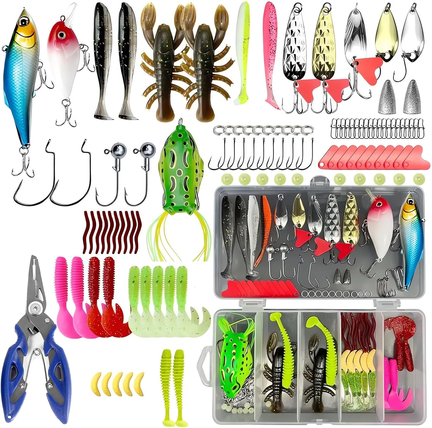YELINTIAN 108Pcs Fishing Lure Kit, Baits Tackle Including Crankbaits,Fishing Lures Complete Fishing Tackle Set,Topwater Lures,Worms, Jigs, Hooks, Box and More Gear Lures for Bass Trout image number 4