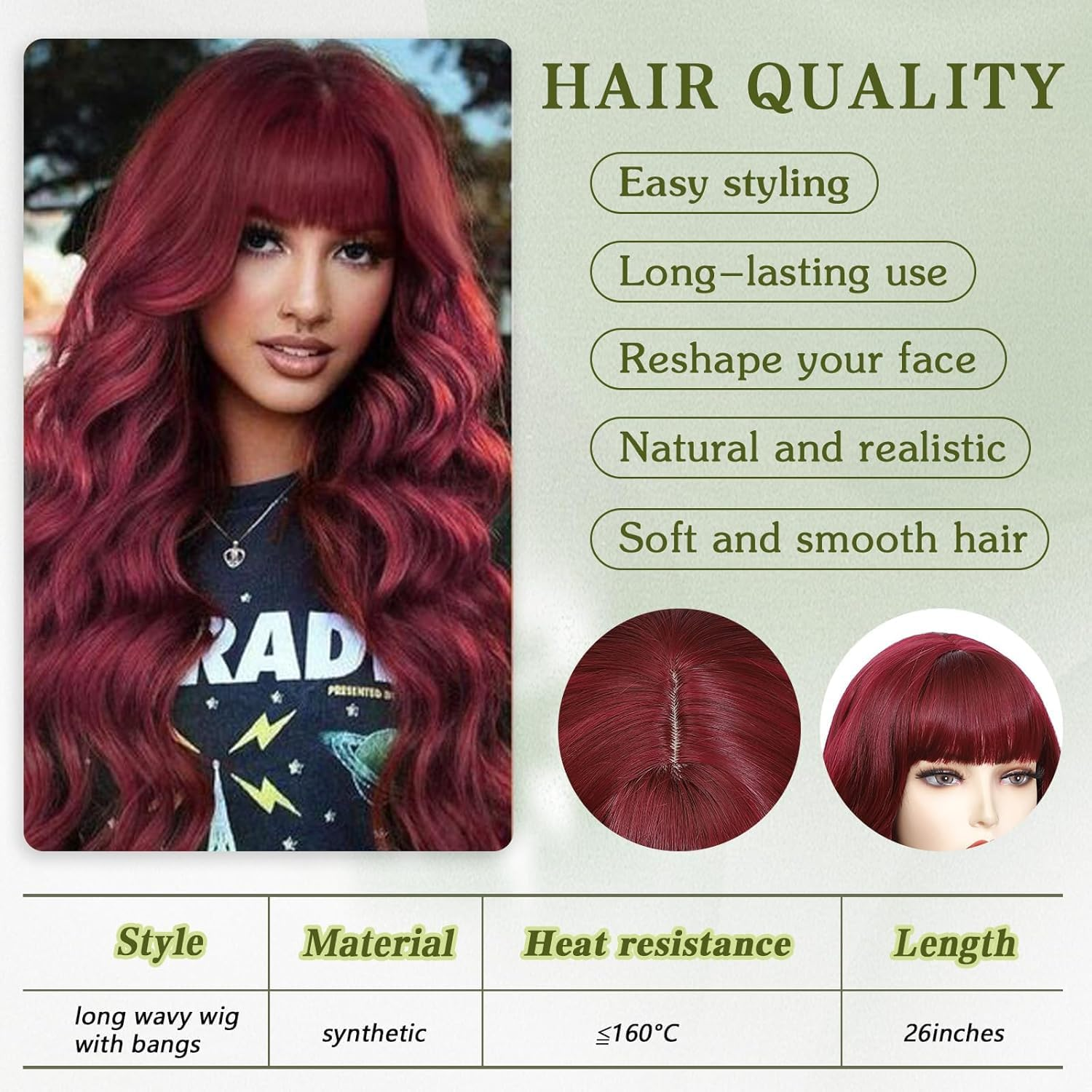 26 Inch Long Burgundy Wig with Bangs for Women, 26 Inch Heat Resistant Synthetic Fiber, Natural Looking Red Wavy Hair - Weidllys image number 6