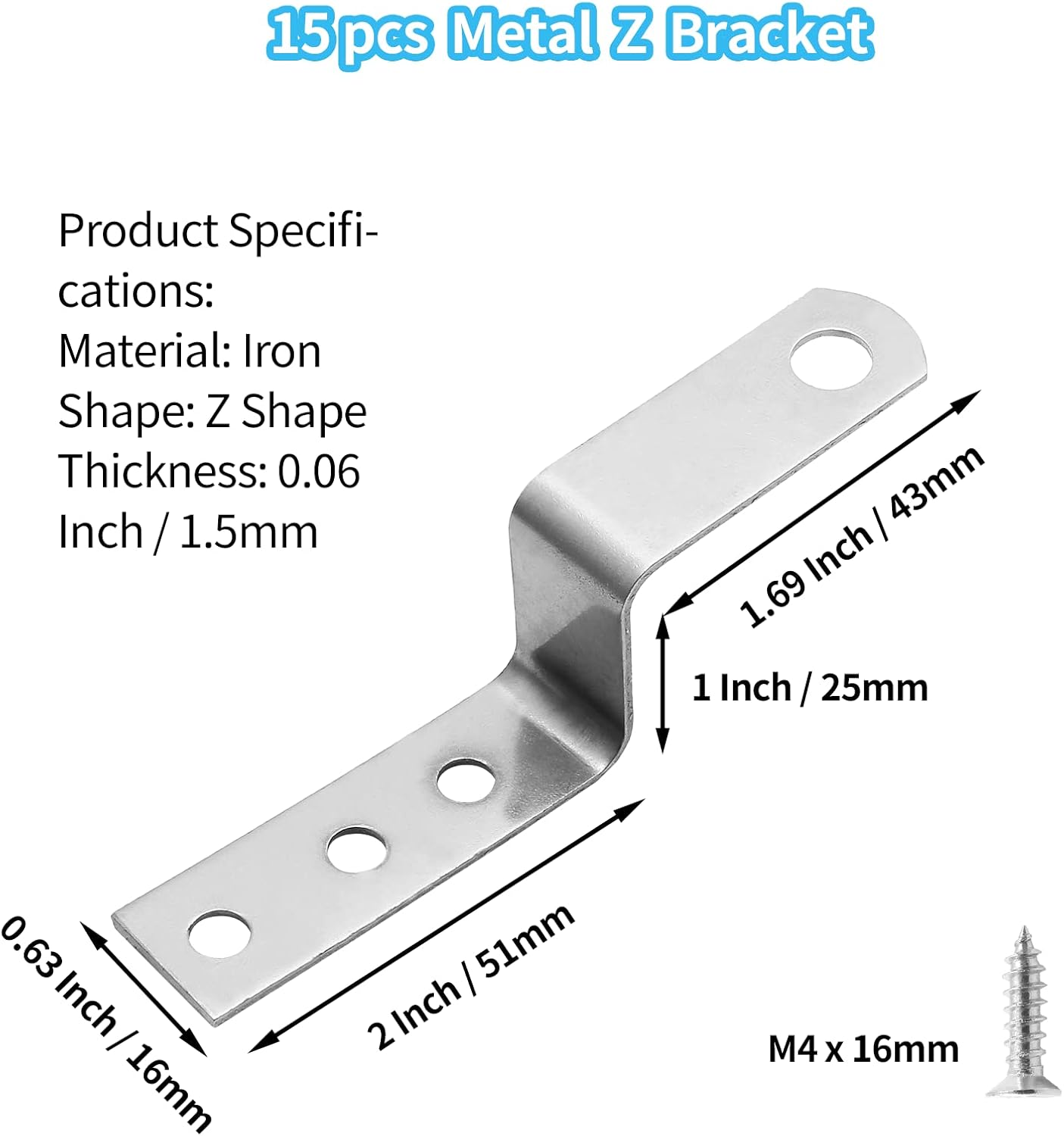 Bivethoi 15Pcs Metal Z Angle Brackets 1 Inch / 25Mm, Corner Mounting Shelf Brace with Screws, Furniture Fastener Photo Frame Brace Accessories image number 1