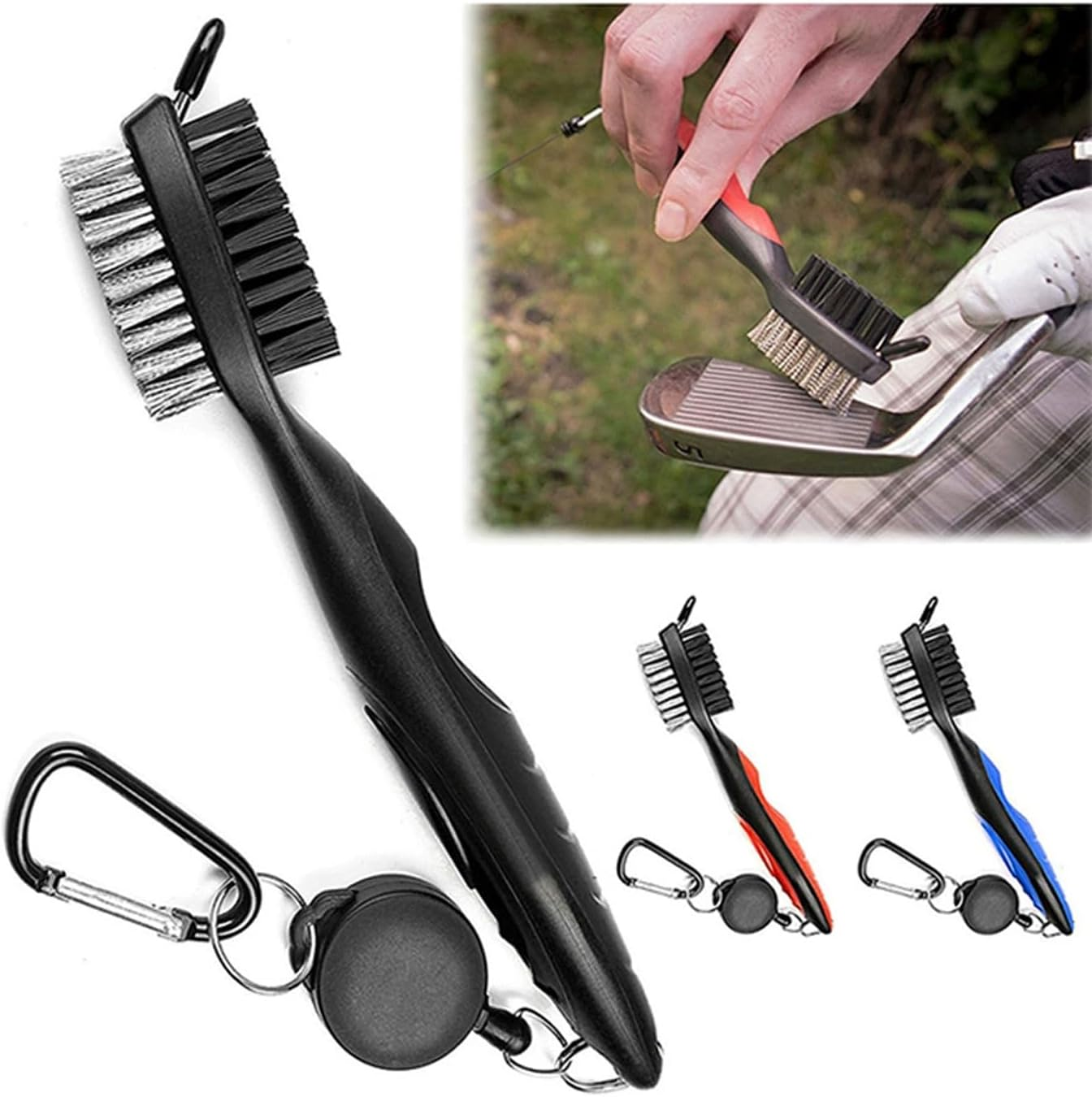 Golf Club Brush and Club Groove Cleaner with Retractable Zip-Line and Aluminum Carabiner Cleaning Tools, Golf Accessories, Golf Ball Cleaner, Golf Gifts for Men, Easily Attaches to Golf Bag. - Blue image number 7