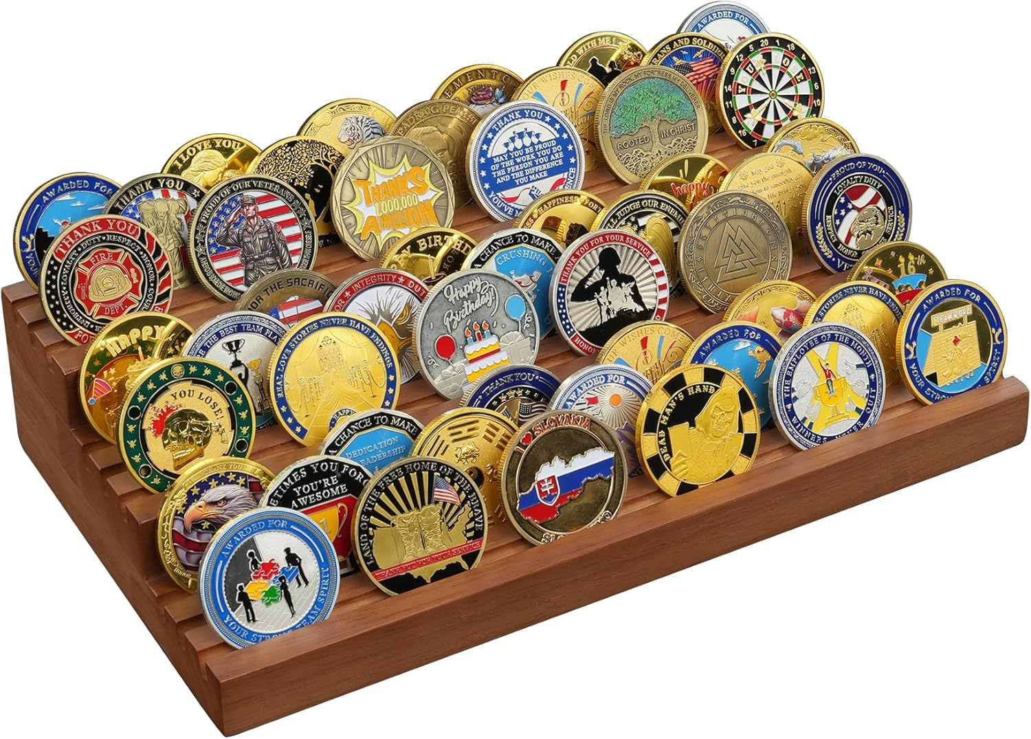 TJWZXX Challenge Coin Holder, 9 Rows Solid Wood Military Coin Display Stand Holds 60 Coins, Army Coin Rack Display Case for Desk Display image number 1