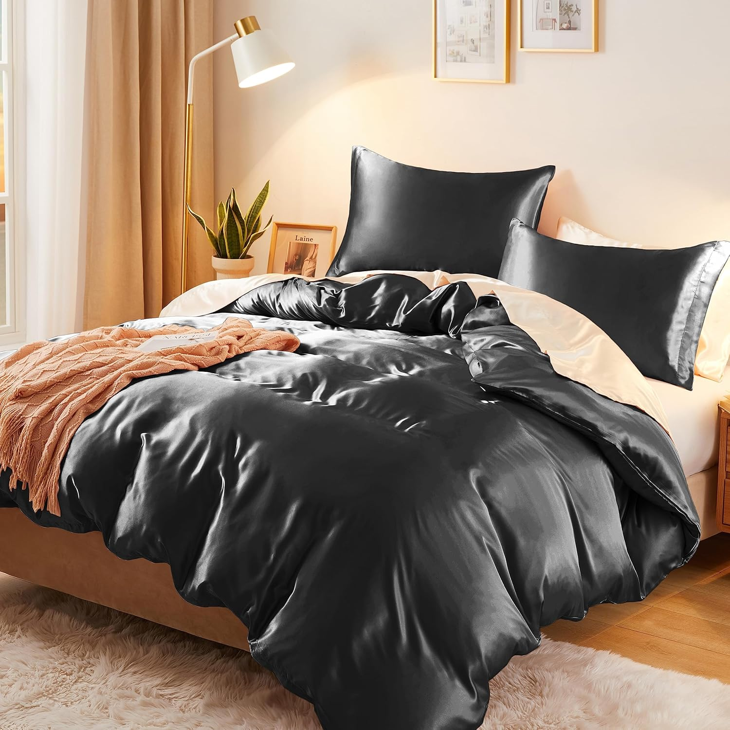 Vonty 3-Piece Silky Satin Duvet Cover Set Full/Queen Size Comforter Cover, Organic Natural 400TC Black Duvet Cover Set - Luxury & Sexy Bedding Duvet Covers with Zipper Closure(No Comforter)