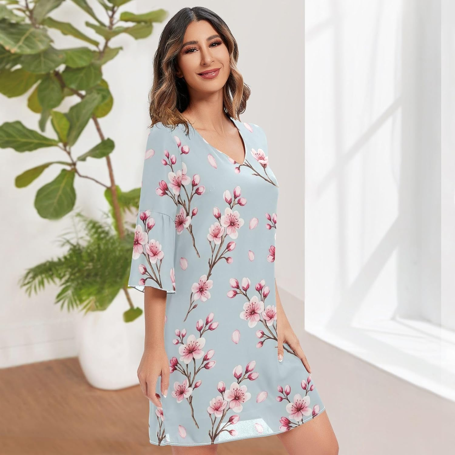 Cherry Blossom Pink Blue V Neck Line Dress Printed Line Maternity Dress image number 2