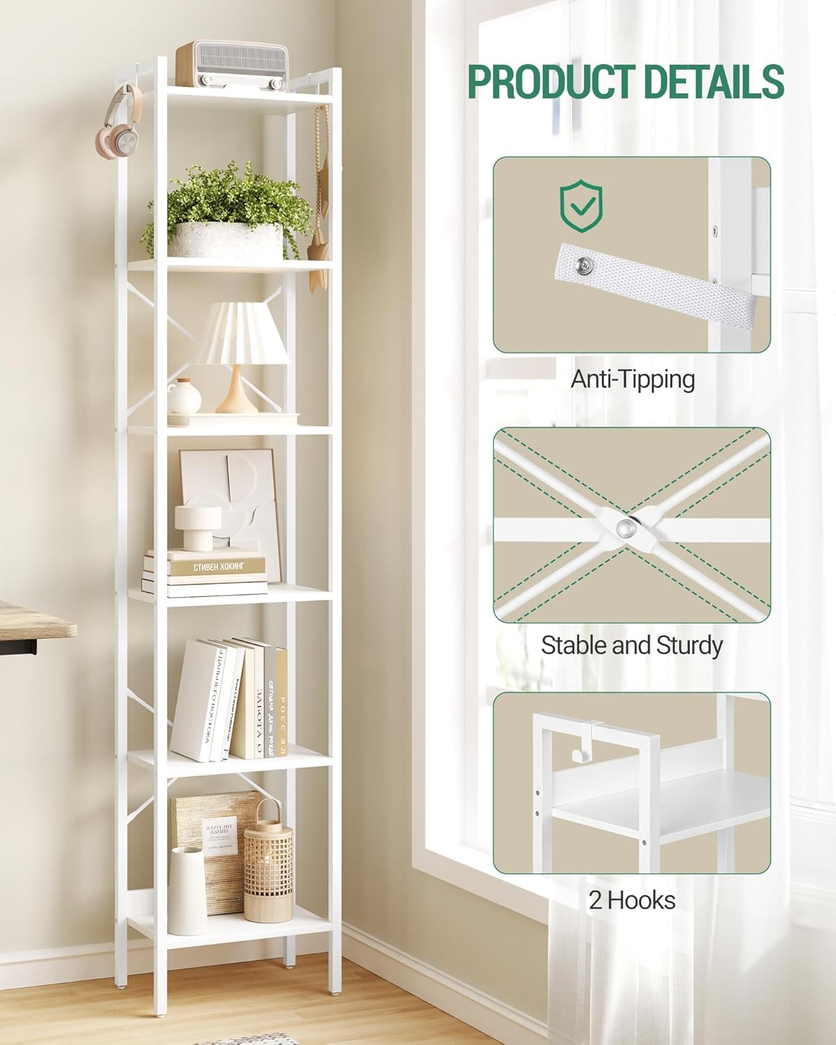 Hzuaneri Bookshelf, Book Shelf, Industrial Bookcase with 2 Hooks, Coner Shelf Storage Organizer for Home Office, Living Room, Bedroom, Kitchen, 6-Tier White BC10713W