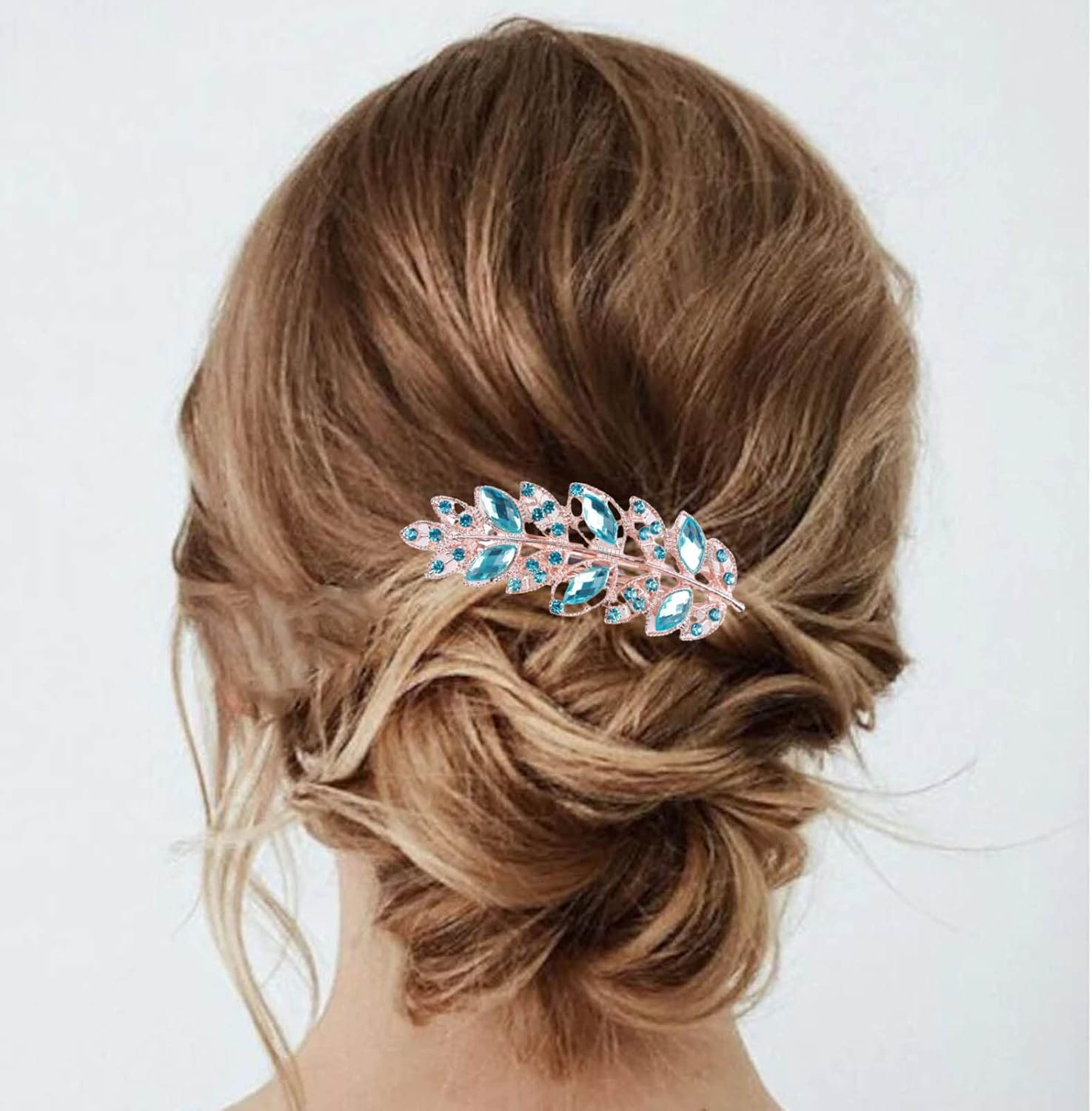 Wendalern Wedding Rhinestone Hair Clips Blue Leaf Hair Clip Crystal Hair Clips Headwear Gold CZ Leaf Hairpiece Decorative Hair Accessories for Women and Girls