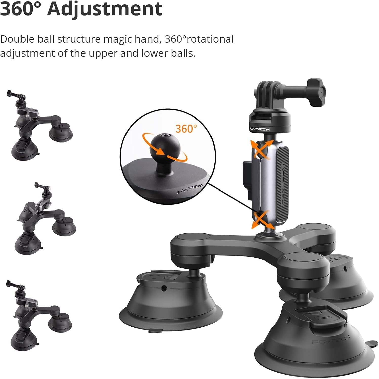 PGYTECH Caplock Triple Suction Cup Car Mount for DJI OSMO Action 5 Pro/4/3, for Gopro 13/12/11/10 with 1/4"-20 Standard Thread Adapter, Compatible with Insta360 Ace Pro 2/X4/X3, for OSMO Pocket 3/2 image number 5