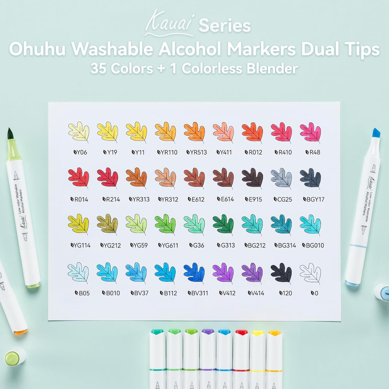 Ohuhu Washable Alcohol Markers Low-Odor: Brush & Chisel Dual Tips Washable 36 Colors Low-Odor Art Markers for Adults Coloring Illustration Comics - Kauai Series of Ohuhu image number 1