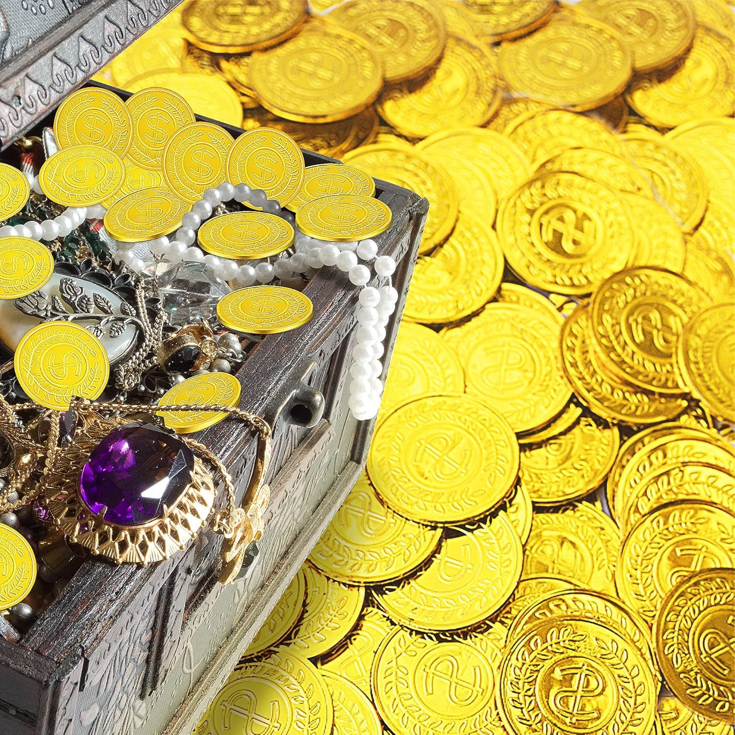 ZUJIACUN 100 PCS Plastic Pirate Coin Set - Treasure Hunt Party Essentials, Classroom Reward Gold Coins for Pirate Theme Events, Birthday Party Favors & Tiktok Trending Decorative Props (3.5Cm) image number 1