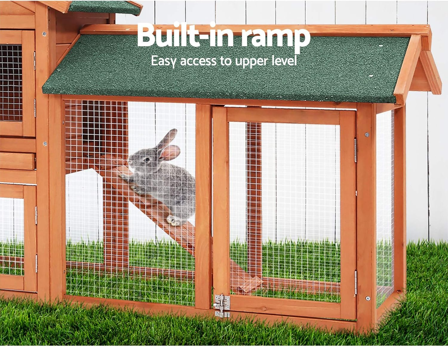 I.Pet Chicken Coop Large Rabbit Hutch, Coops Wooden Pet House Run Cage Walk in Door Guinea Pig Ferret Feeder Bunny Hen Chook, Outdoor Weatherproof Metal Roof Tray Ladder Hatch Nesting Box Farm DIY image number 3