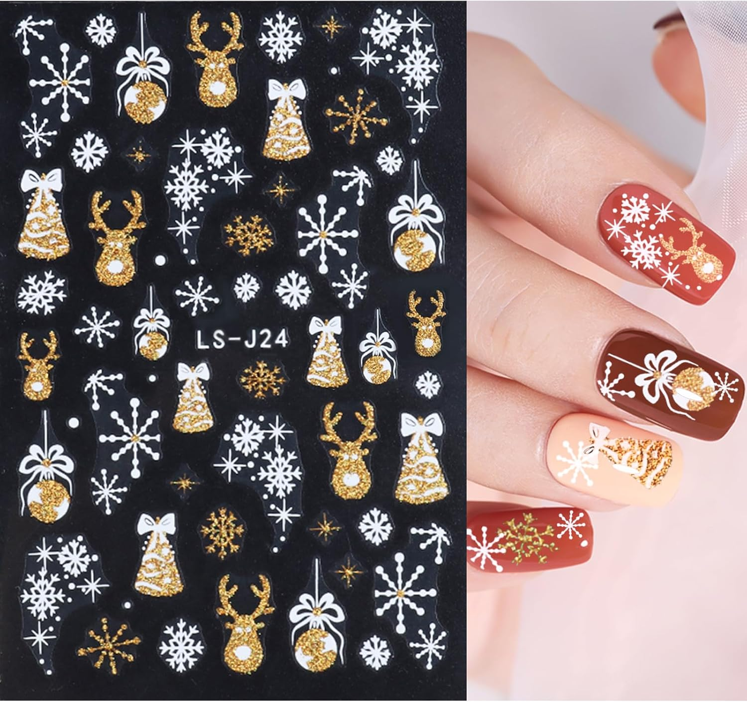 Nail Stickers Christmas Snowflakes 6 Sheets Nail Art Stickers Self-Adhesive Nail Stickers and 1 Tweezers Winter Elk Snowflake Gold Silver Glitter Decoration Stickers Nail Design Accessories Set E - Set F image number 5