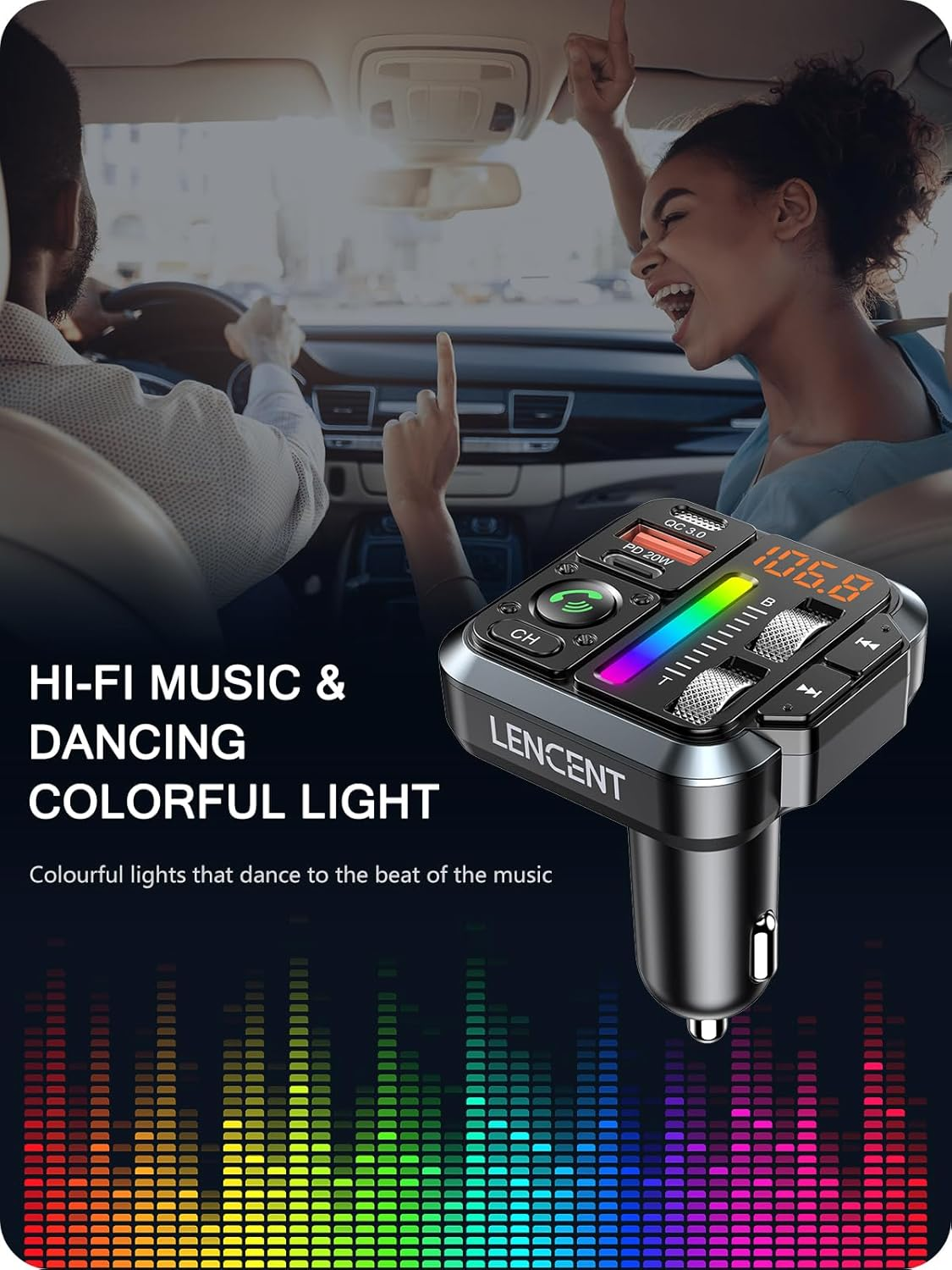 LENCENT Bluetooth 5.3 Car FM Transmitter, Adjustable Treble & Bass Sound Music Player Receiver, Wireless Radio Adapter with PD 20W & QC 3.0 Fast Charger, Hands-Free Calling, Siri Assistant