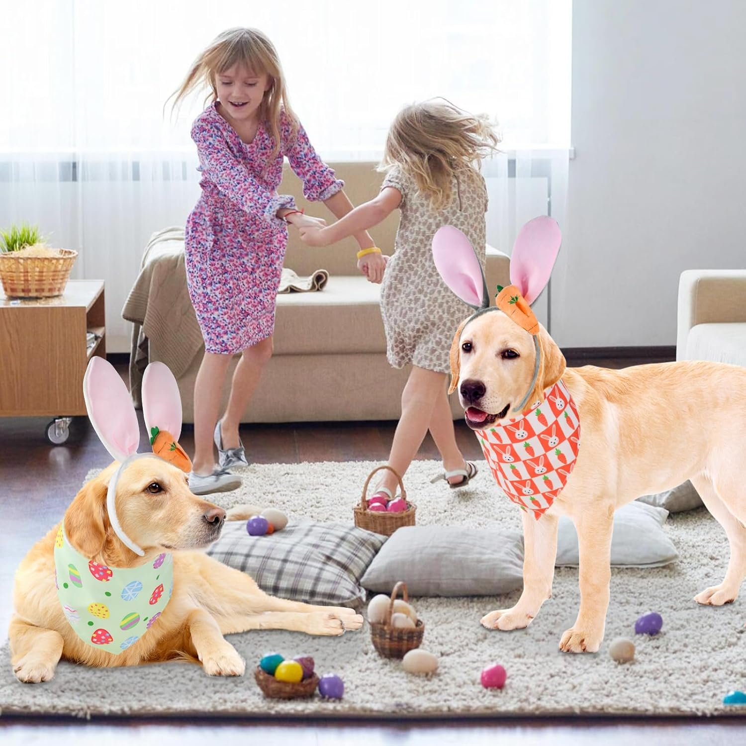 Cooshou Bunny Ears Headband & Reversible Bandana Set for Dogs - Easter Dog Costumes with Cute Carrot & Reversible Pattern - Small/Medium/Large Sizes (2 Sets)