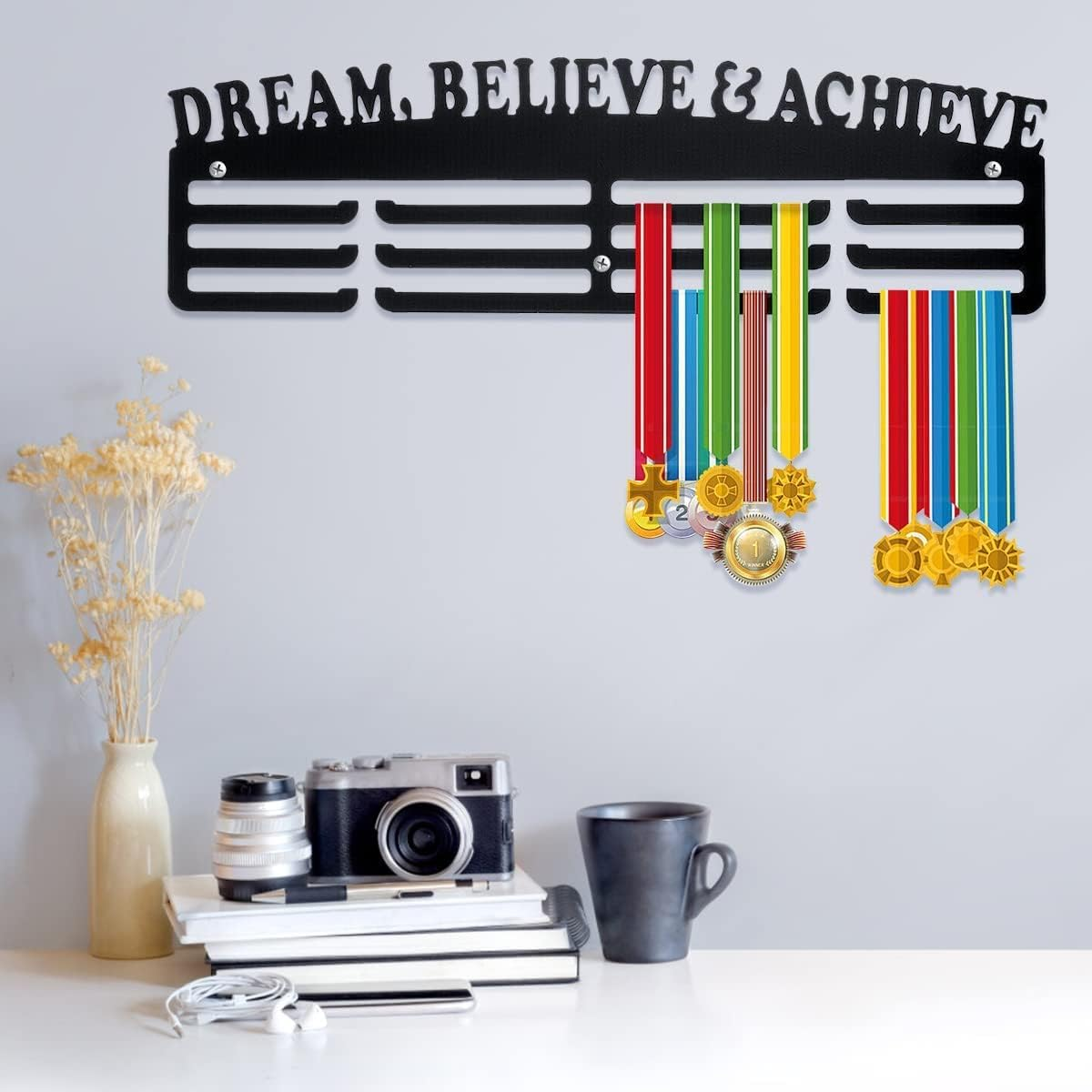 Medal Display Hanger, Wall Mounted Acrylic Medal Display Rack, Decorative Black Medal Holder with Inspirational Words Memorial Medal Hanger for Living Room Bedroom
