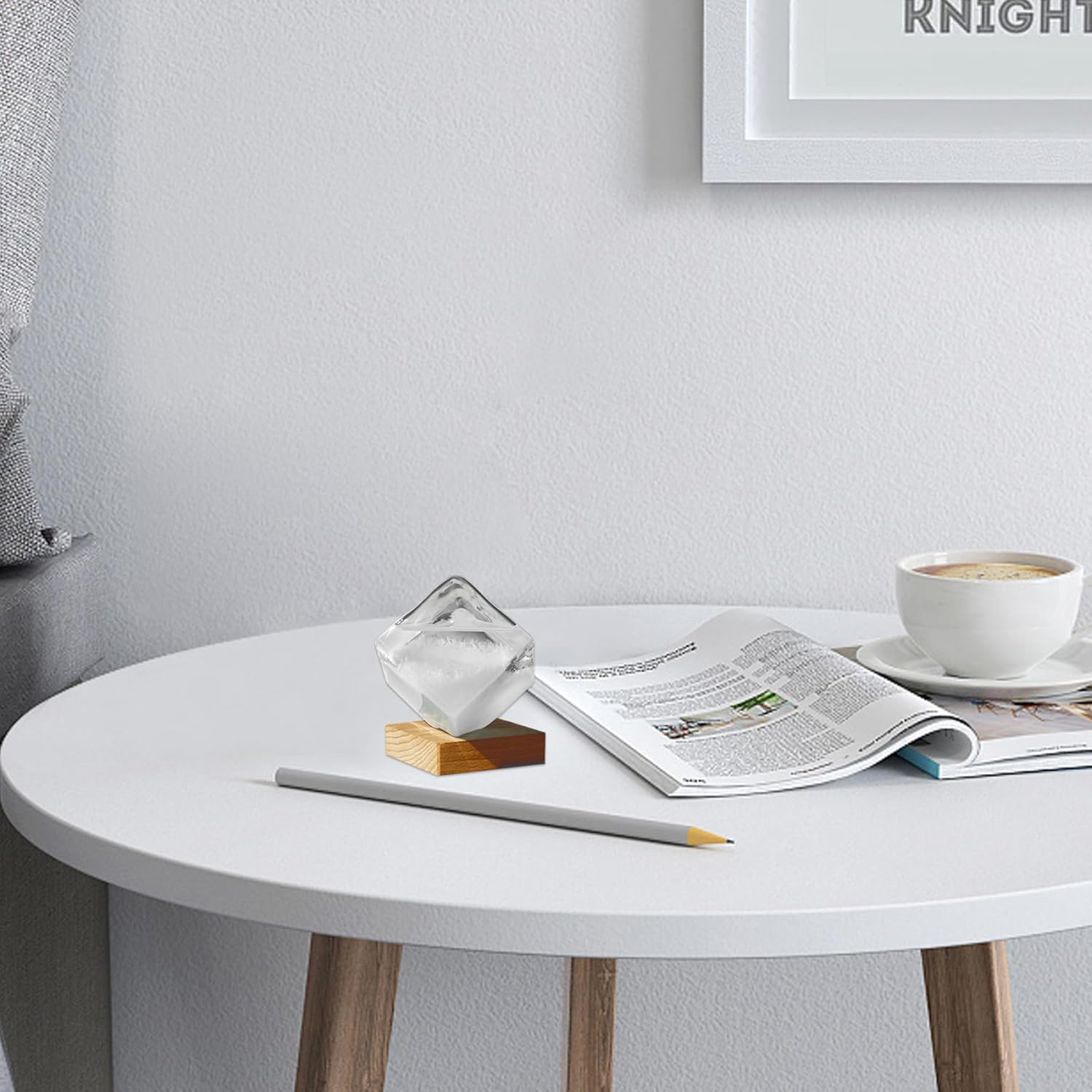 Storm Glass Weather Predictor, 4Inch Transparent Cube-Shape Storm Glass with Wooden Base, Desktop Weather Predictor for Home Office Decorations image number 1