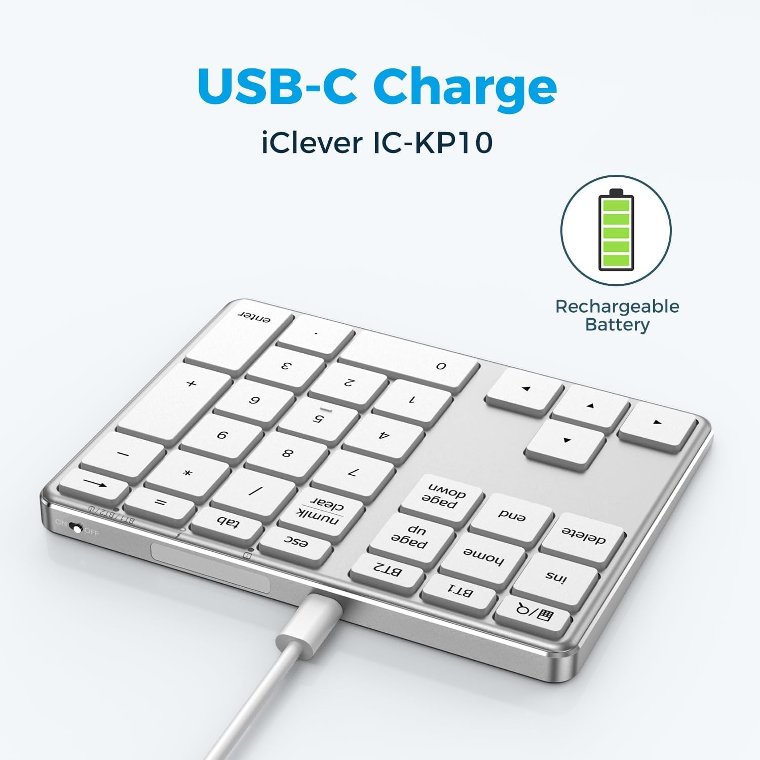 Iclever Bluetooth Number Pad, Multi-Devices Wireless Number Pad, USB-C Rechargeable, External 34-Keys Numpad for Data Entry, Compatible for Laptop, Mac, Imac, Notebook, PC Desktop (Kp10-Silver)