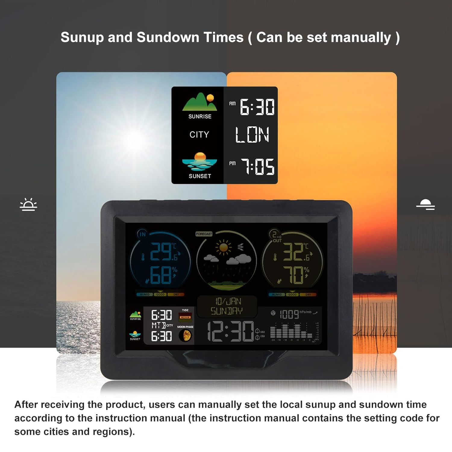 Omabeta 1PCS Digital Weather Station Color Display with Temperature Humidity Monitor/Rain Gauge/Time/Electronic Calendar/Air Pressure/Tide/Moon Phase/Local Sunrise and Sunset Time,16.1 * 11.5 * 3.5Cm image number 2