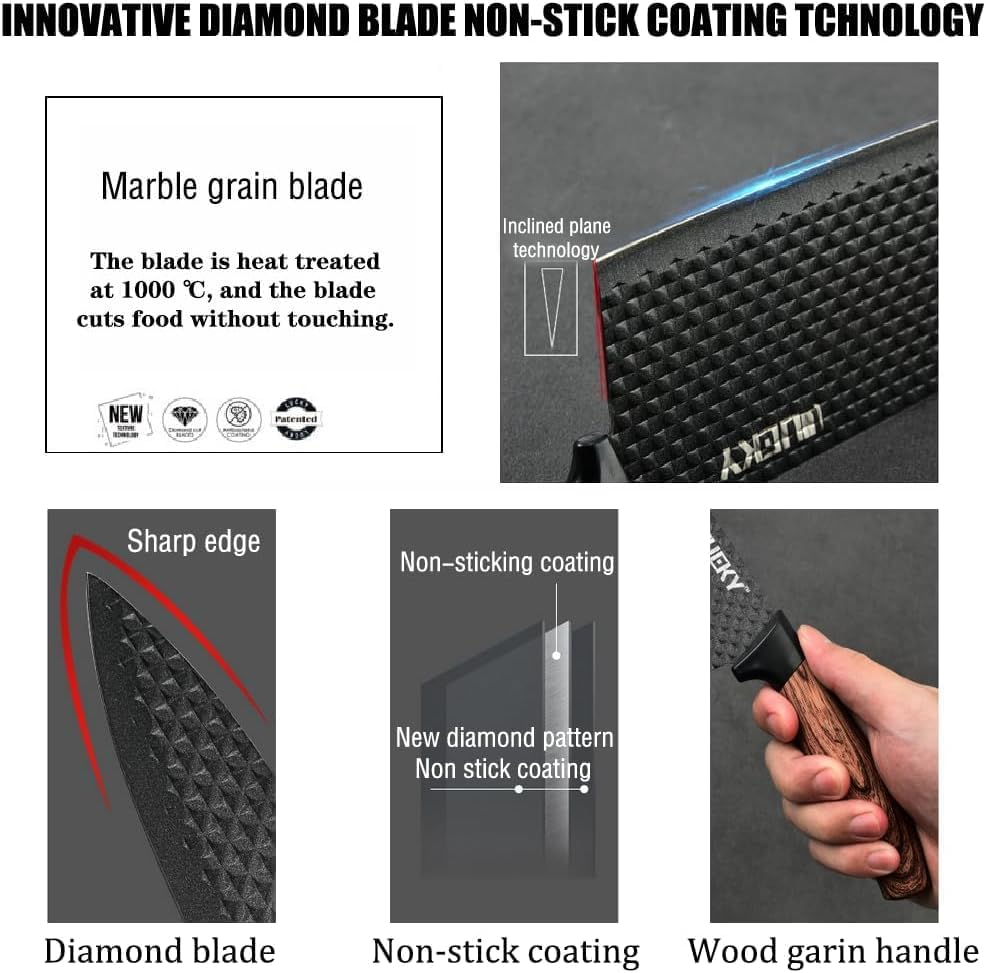 Kitchen Knife Set,6-Pieces Black Sharp Knife Set for Kitchen, Non-Stick Non-Slip Stainless Steel Chef Knife Set with Universal Knife Block Suitable for Home Restaurant (Wood Grain Black) image number 3