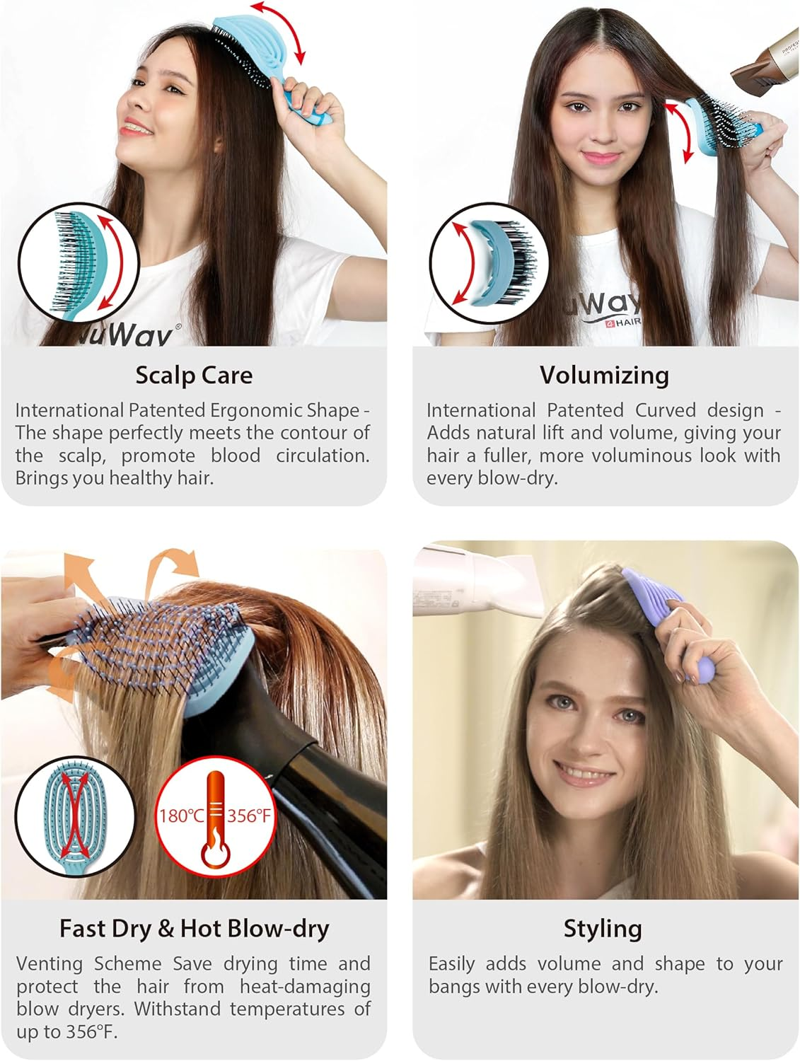 Nuway 4HAIR Doublec PRO U.S. Patented Double Curved Detangling Brush Is Hair Dryer Safe (Hyacinth) - Black image number 7