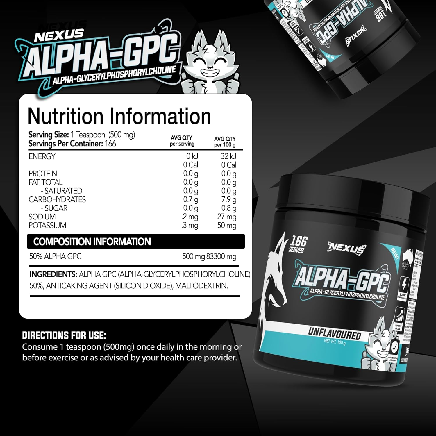 Nexus Alpha GPC 500Mg Powder &ndash; 166 Serves 100G Unflavoured Cognitive Support Supplement &ndash; Boosts Memory, Focus, Mental Clarity & Power Output &ndash; Pure Choline Source for Brain & Performance