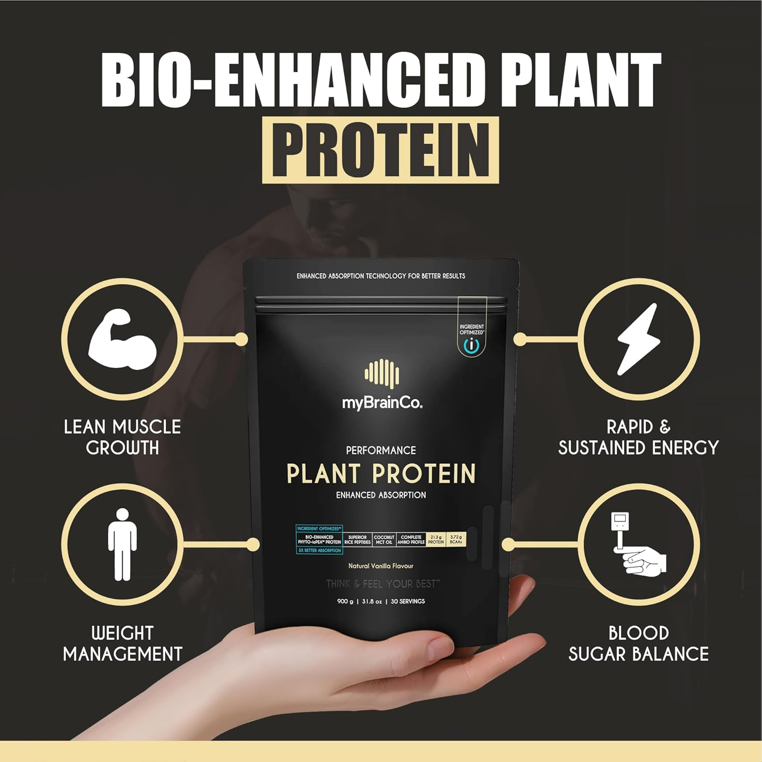 Mybrainco. Bio-Optimised Plant Protein Powder, 300% Better Absorption, Organic Iopea&reg; + Rice Peptides + Pure MCT &ndash; Vegan, FODMAP Certified, No Bloating - Natural Vanilla 900G (30 Servings) image number 4