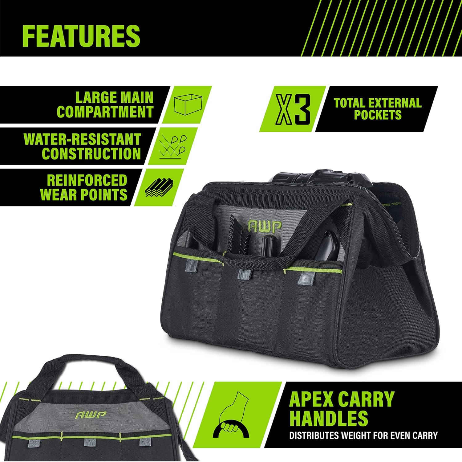 AWP 13 Inch Tool Bag with Apex Handle Design, Sub-Compact Size, Water-Resistant Construction image number 2