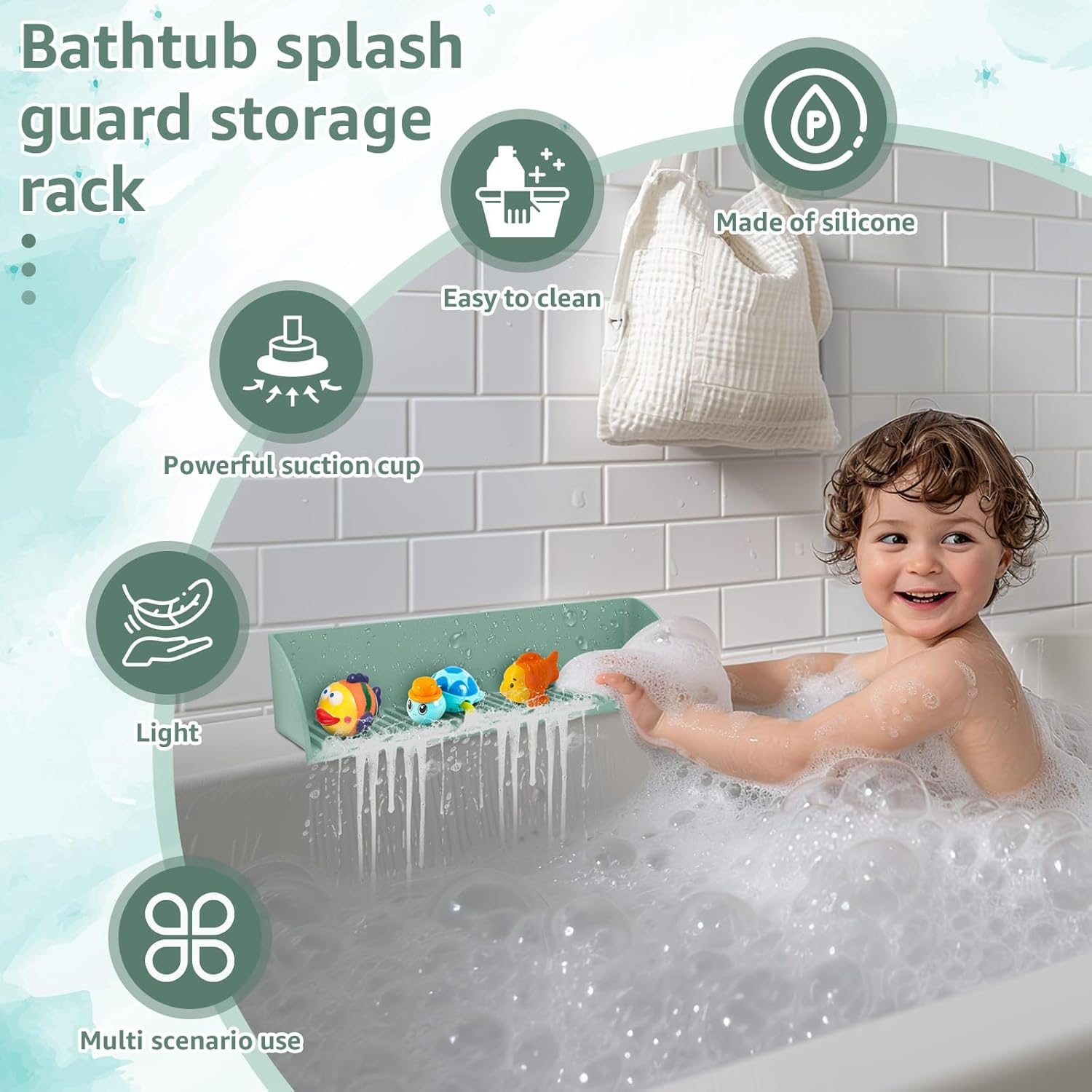 Silicone Sink Water Bathtub Splash Guard with 4 Suction Cups Kids Bath Toys Organizer Bath Storage Tray Raised Edge Design for Kitchen and Bathroom(Green) - Pink image number 2