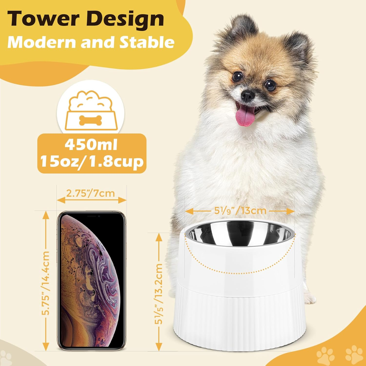 Comsaf Raised Dog Bowl 450Ml, Single Elevated Dog Food Bowl with Detachable Melamine Stand, Dog Water Bowl for Dogs and Cats, Non-Skid & Non-Spill, Easier to Reach Food, White image number 4