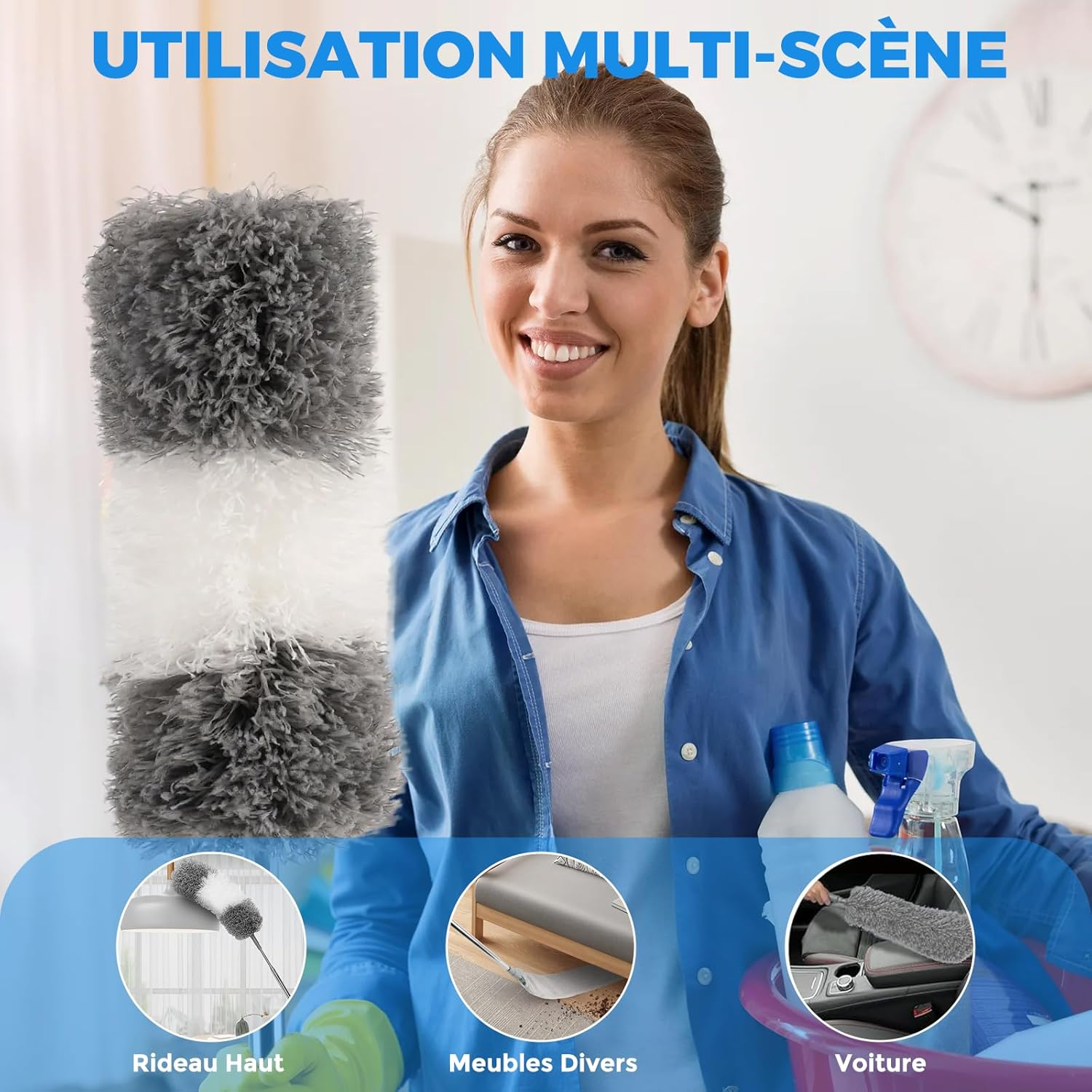 7 Pieces Telescopic Wolf Head Duster, Maximum Length 256 Cm, Washable Microfibre Telescopic Duster for Blankets, Suitable for Blankets, Grey image number 2