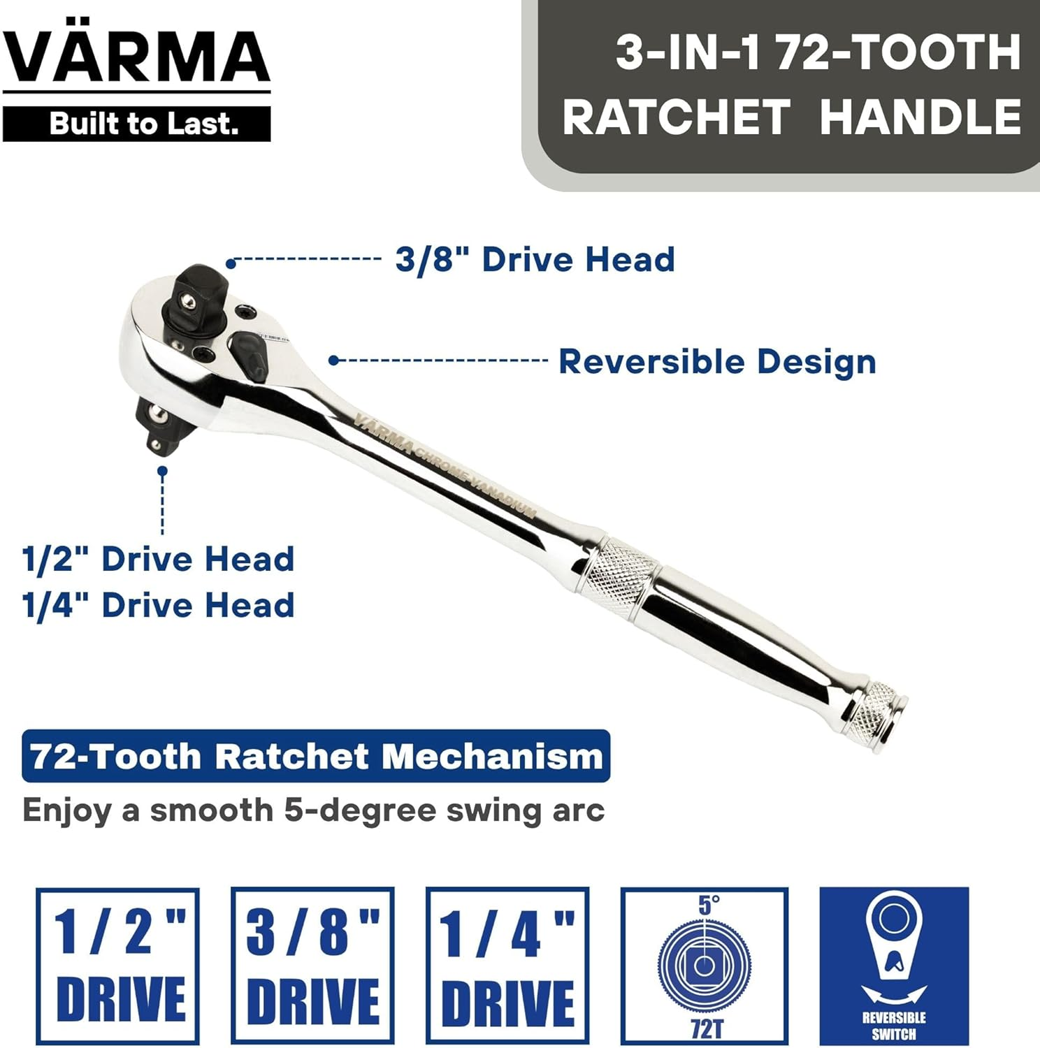 3-In-1 Ratchet Wrench &ndash; 1/2", 3/8", 1/4" Drive | 72-Tooth Reversible Ratchet Handle | CR-V Steel, 8-Inch (200Mm) | High-Torque, 5&deg; Swing Arc, CR-V Steel for Automotive & Mechanical Use image number 6
