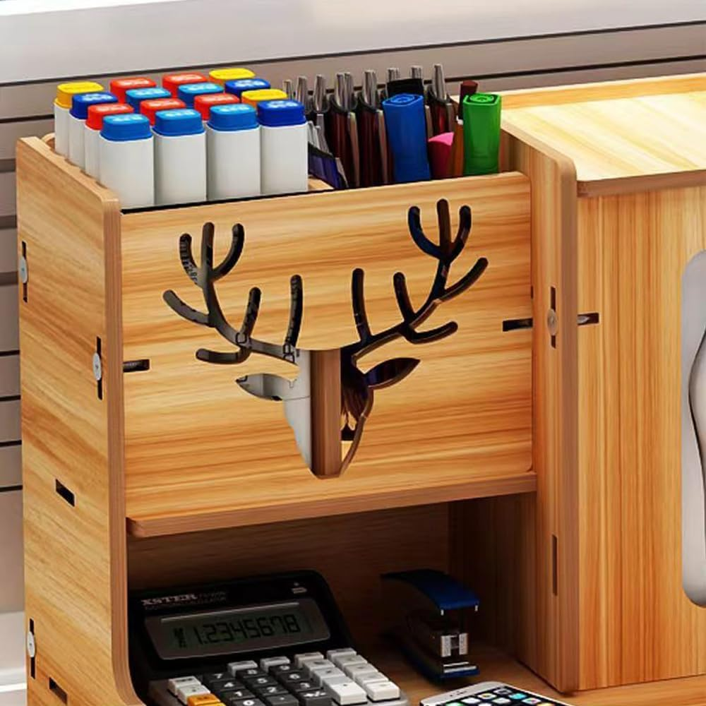 Hbluefat Desktop Organizer with Drawer, Wooden Desk File Document Organizer with Pen Holder and Tissue Box, Tabletop Stationery Storage Rack for Desk Accessories, File, Book, Office Supplies (Maple) image number 6
