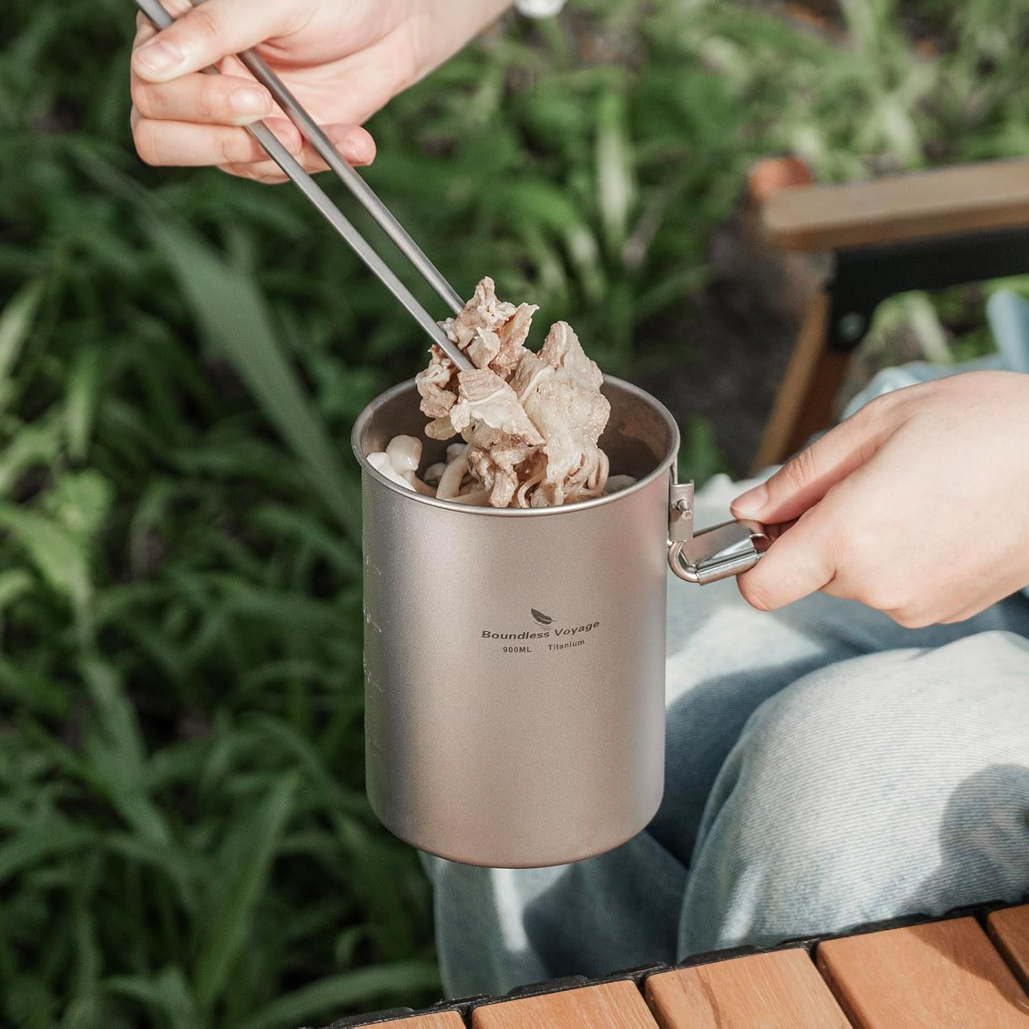 Boundless Voyage Camping Titanium Pot 900 Ml Outdoor Bowl Cupwith Lid Folding Handle Hiking Picnic Water Rice Food Cookware 2040C image number 5