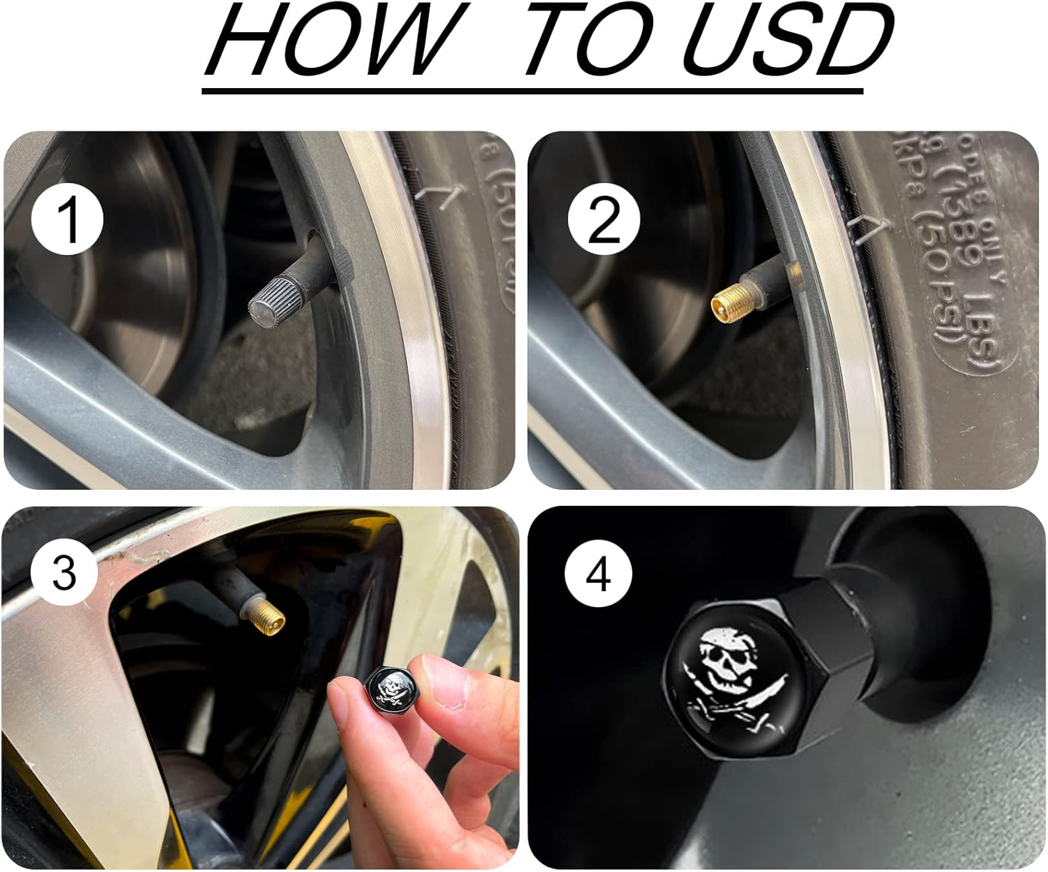 Ajxn 4 Pack Pirate Skull Tire Wheel Stem Caps with Rubber Ring Dustproof Seal Cover Hexagon Tyre Valve Cap Fits for Cars Suvs Trucks Bicycles Motorcycles image number 3