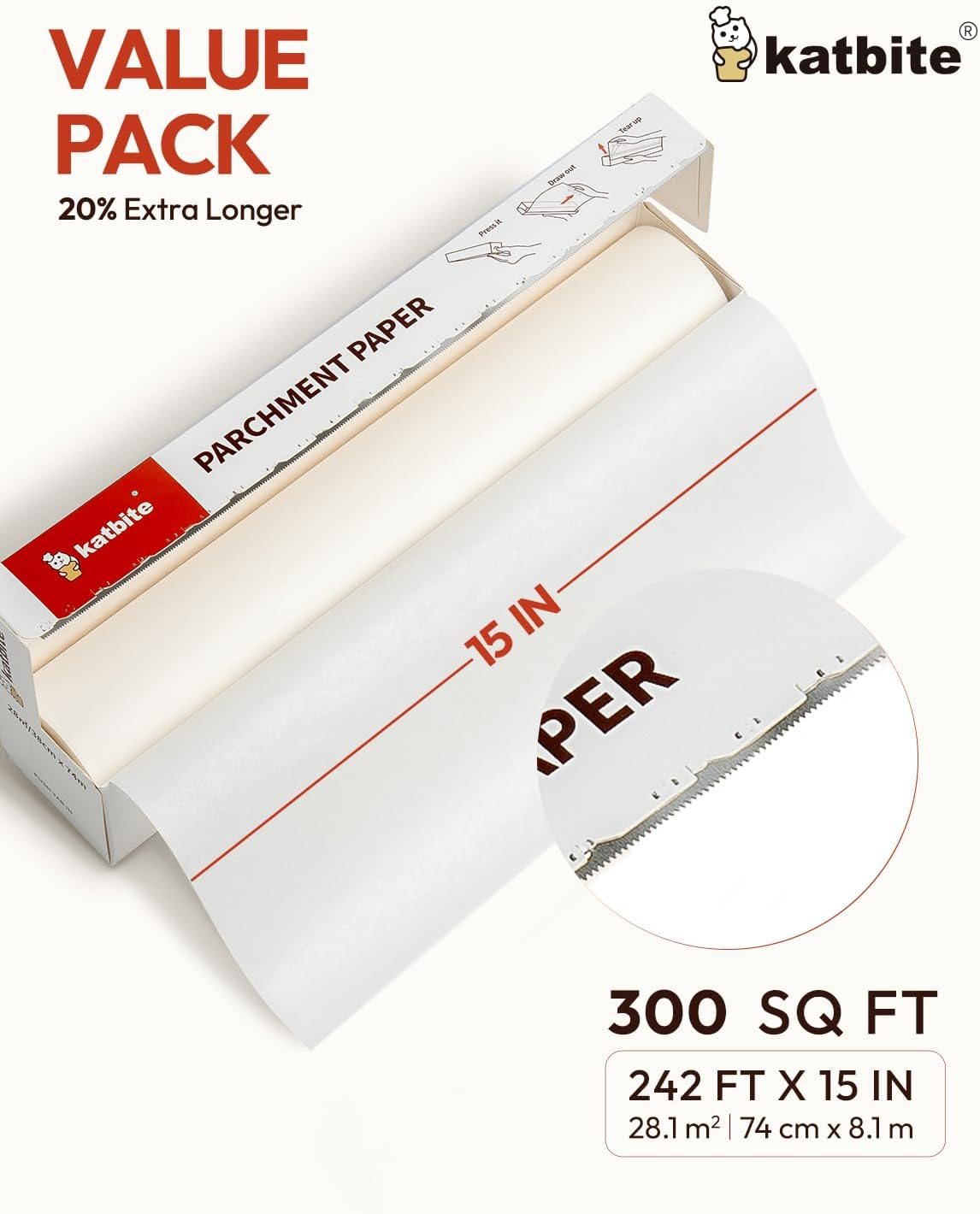 Katbite Baking Paper Roll 38Cm X 74M Heavy Duty Baking Paper Roll Non-Stick Baking Paper Roll for Baking, Cooking, Freezing, for Oven, Kitchen, Air Fryer - 15X242-W image number 2