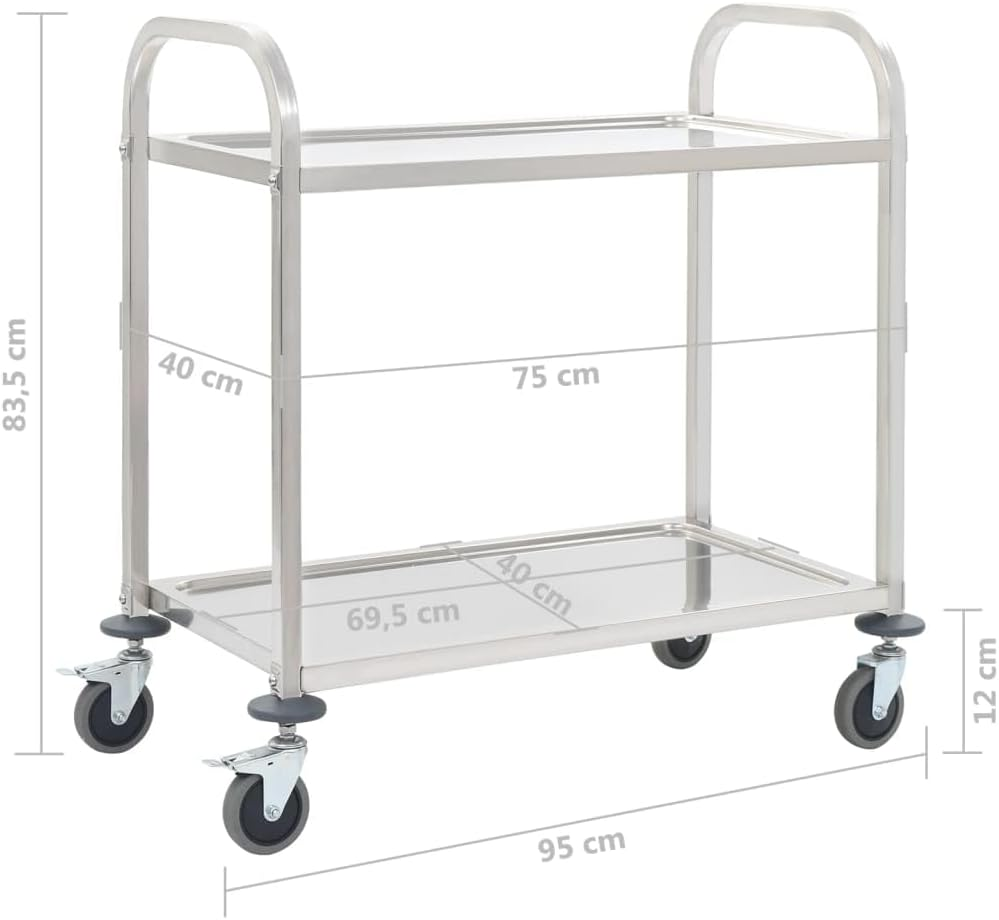 Vidaxl 2-Tier Robust Stainless Steel Kitchen Trolley with Efficient Braked Castors and Spacious Trays - Silver