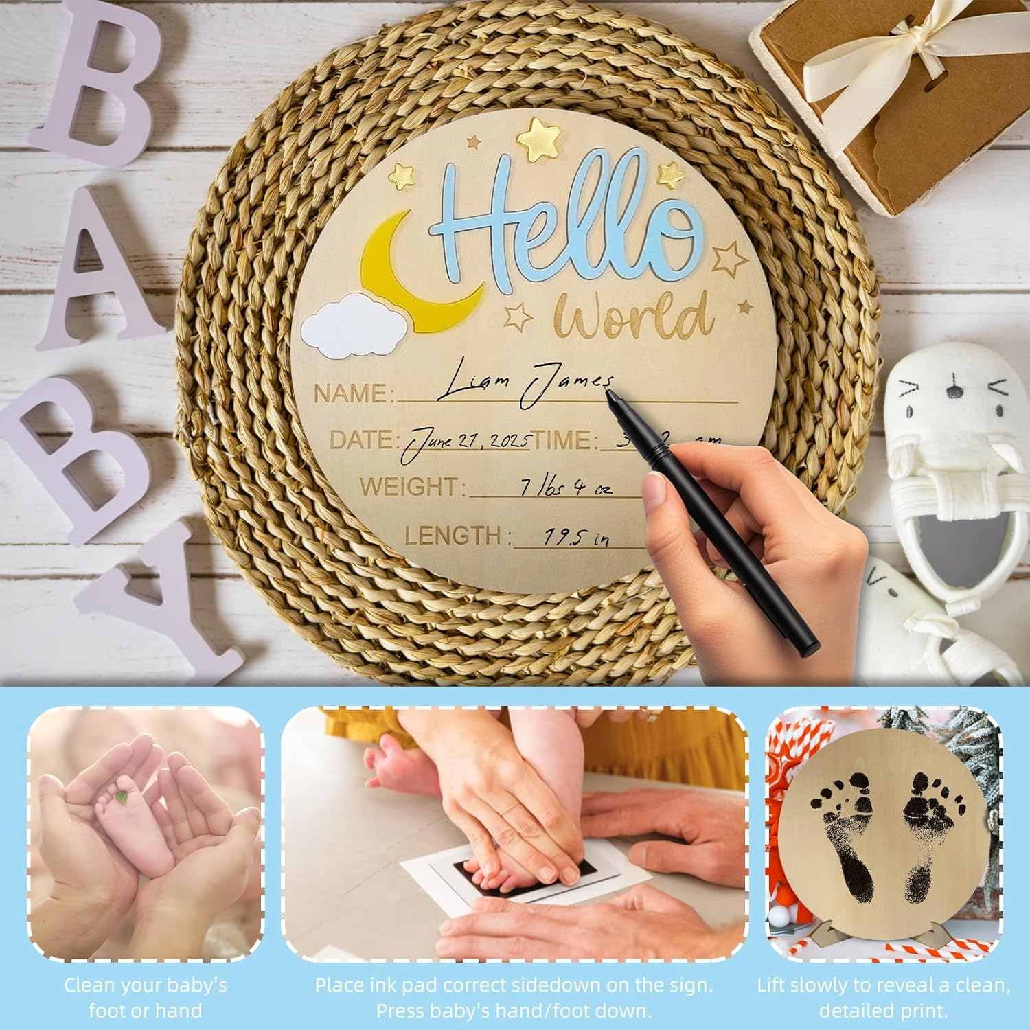 2Pcs Baby Announcement Sign Set, 5.9 Inch Hello World Newborn Sign and IT&rsquo;S a Boy Welcome Signs, Baby Name Sign with Ink Pad for Hand & Footprints, 3D Wooden Birth Gifts for Hospital Shower Nursery image number 1