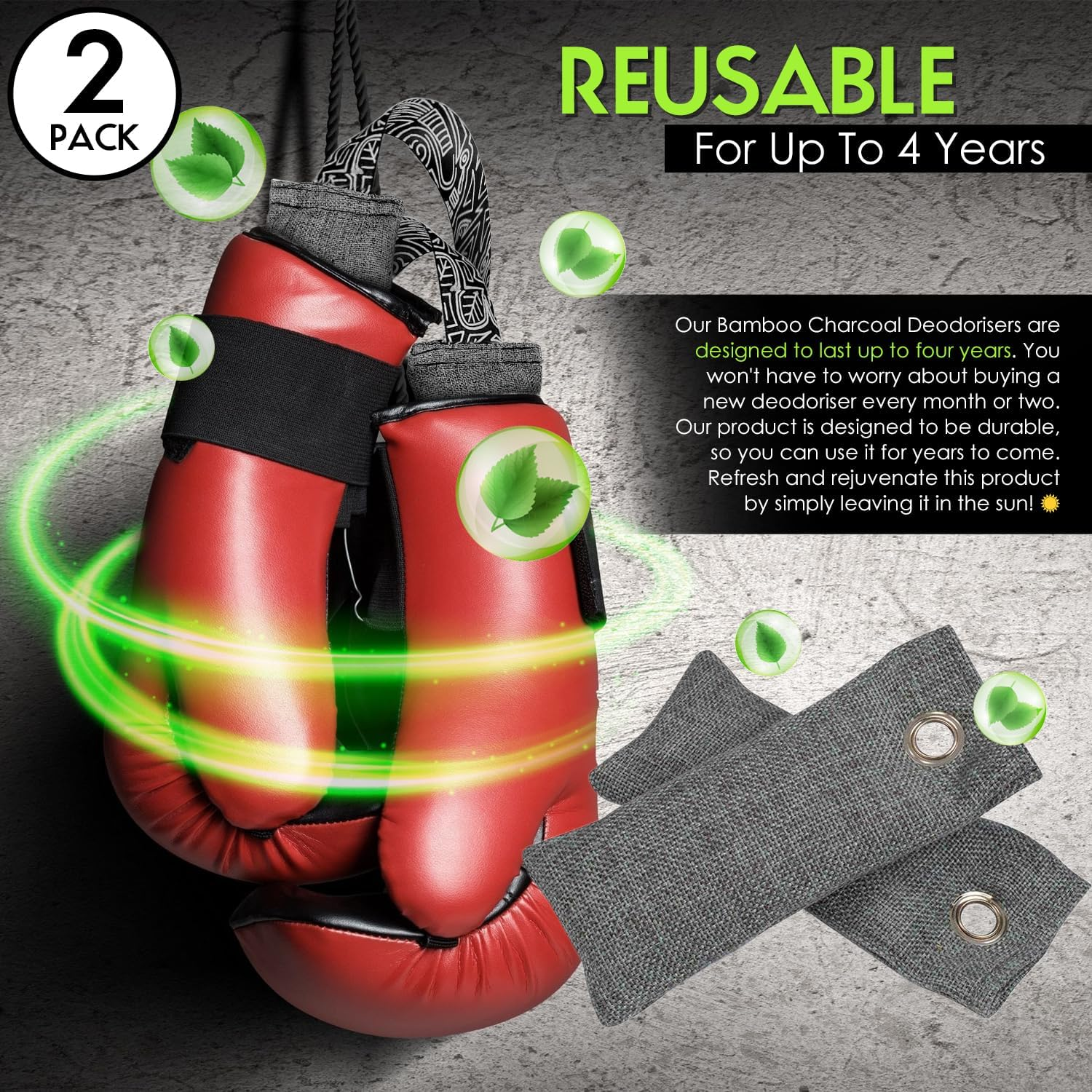 Boxing Glove Deodorisers 2 Pack, Shoes - Absorbs Stink Leaves Gloves Fresh Sweat Absorb Smells Improved Bamboo Charcoal Deodoriser for Boxing, Football Shoes, Cricket Gloves Bags & Sports Gear image number 3
