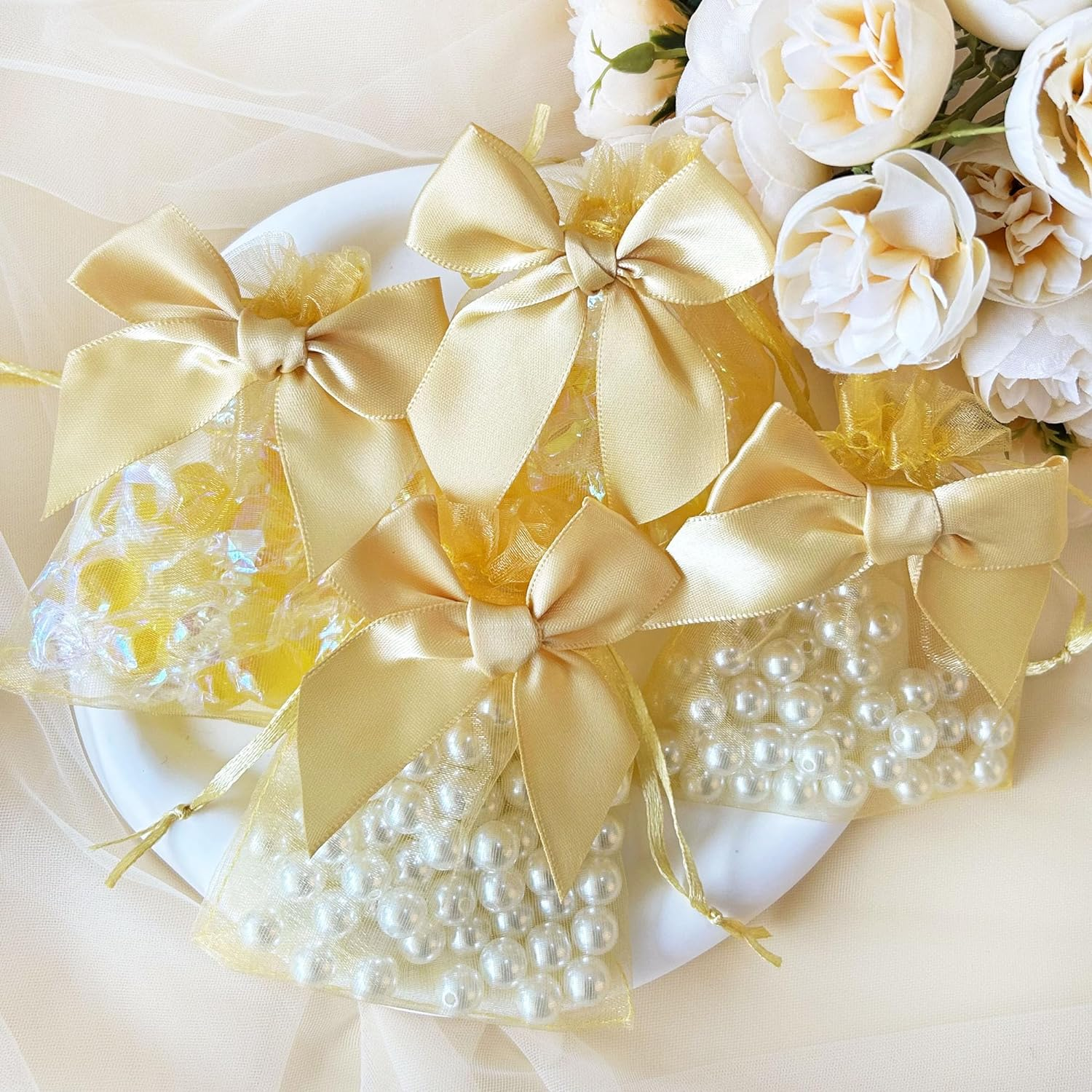 40 PCS 3.6"X4.7"(9X12Cm) Premium Sheer Organza Bags Gold Wedding Favor Bags Jewelry Gift Bags for Party Christmas Festival
